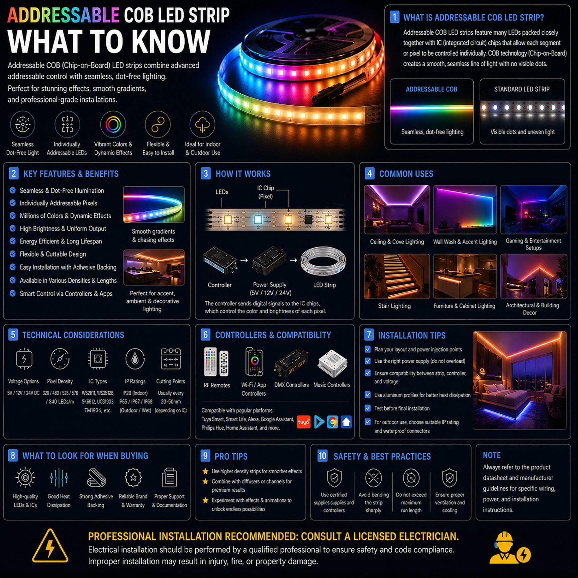 Infographic explaining addressable COB LED strip with IC RGB control, showing individually addressable pixels, seamless dot-free lighting, how it works with IC chips, controllers, power supply, applications, installation tips, and buying considerations