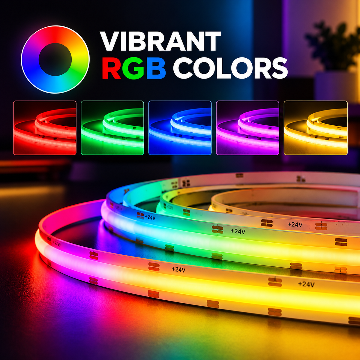 RGBW COB LED Strip Light – Dimmable, Dotless - Indoor - 24V, 12mm – (3000K,5000K) – 16.5ft, 48ft & 82ft - UL Certified