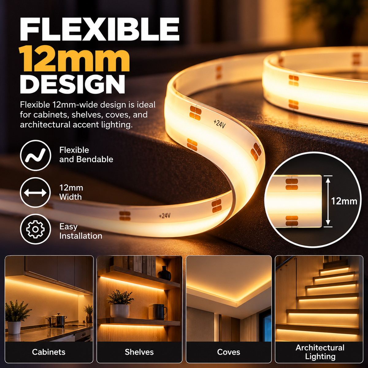 RGBW COB LED Strip Light – Dimmable, Dotless - Indoor - 24V, 12mm – (3000K,5000K) – 16.5ft, 48ft & 82ft - UL Certified