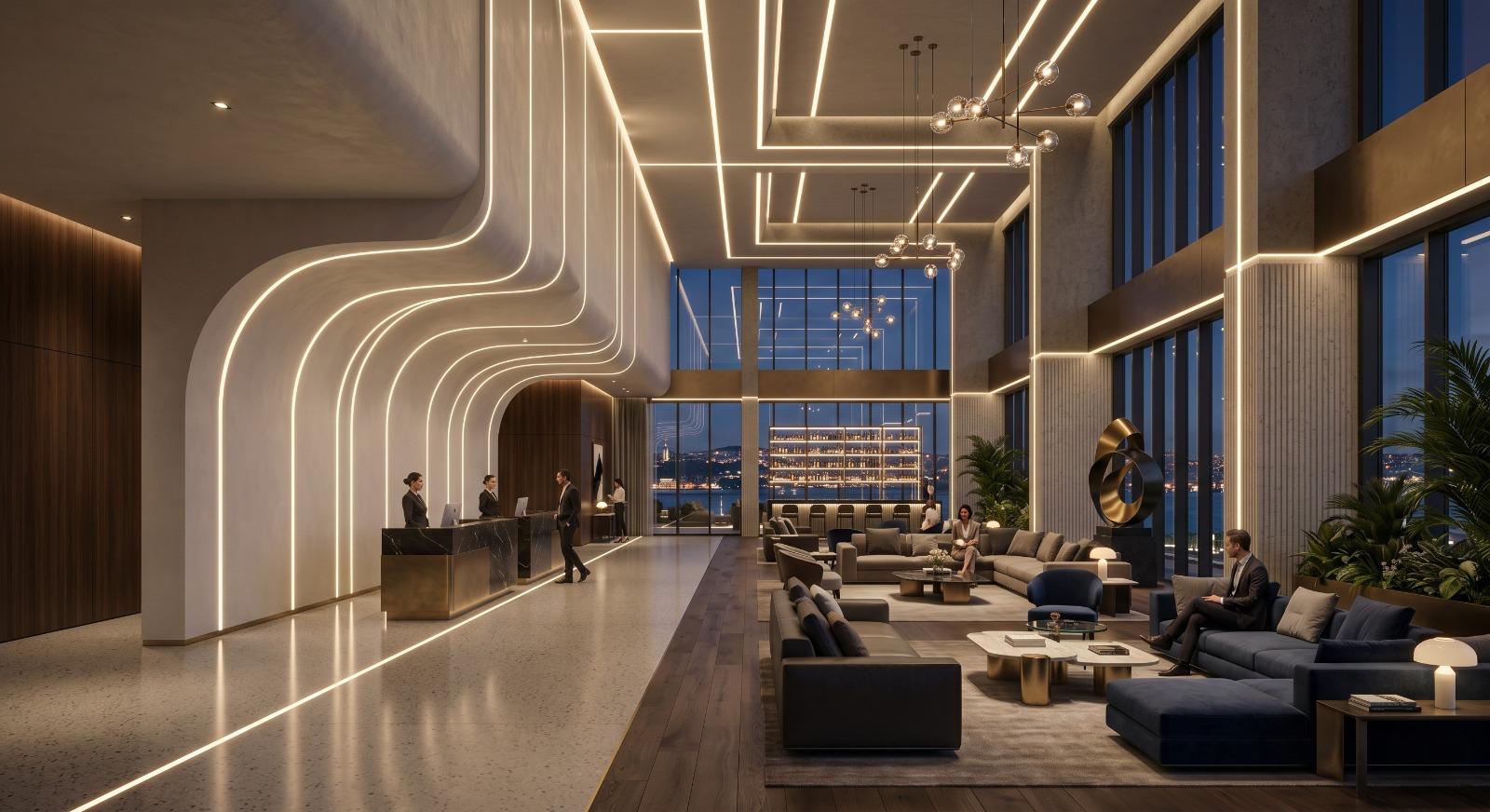 Luxury modern lobby with CCT COB LED strip lighting integrated into curved walls and ceiling lines creating warm to cool adjustable ambient illumination