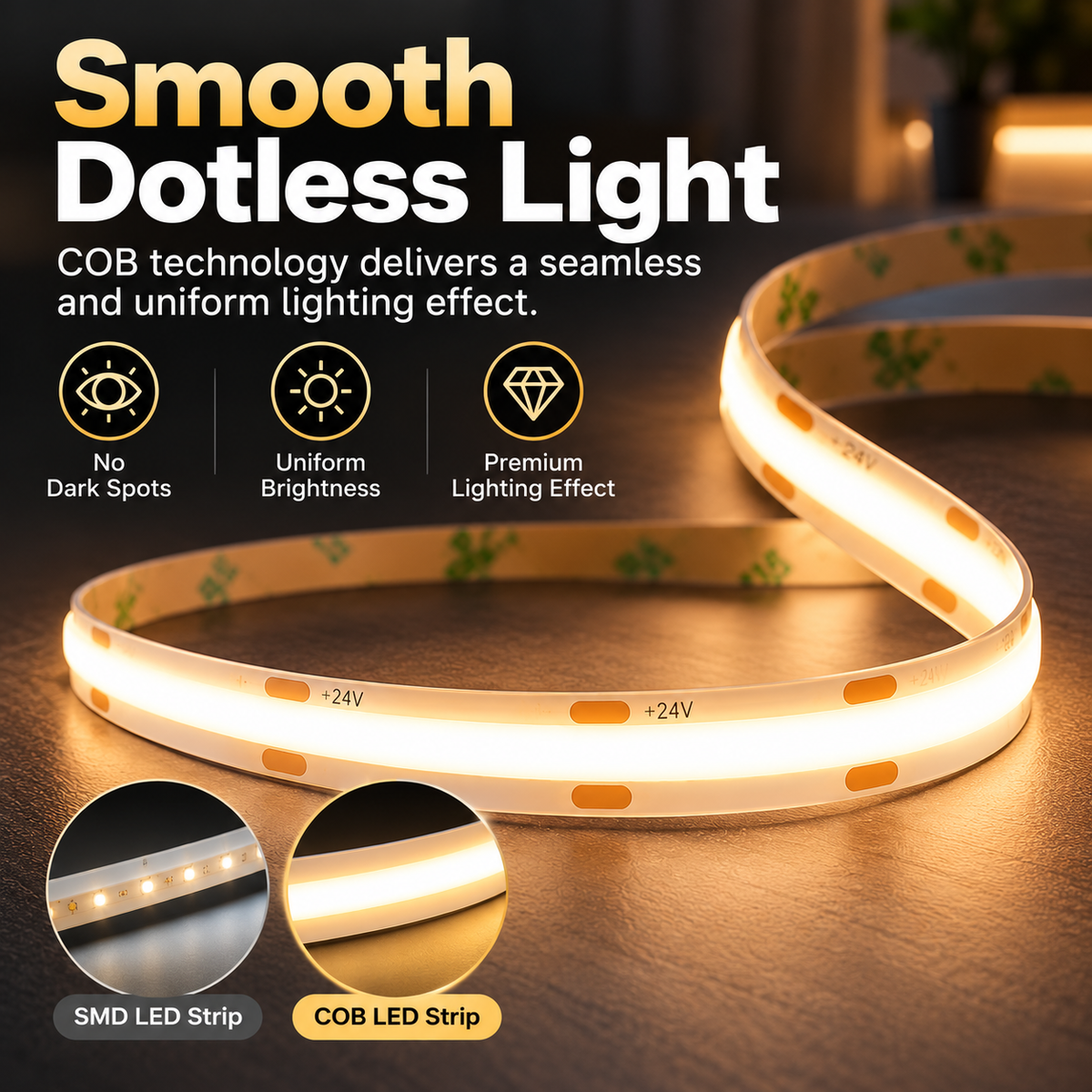 Cuttable & Free-Cut COB LED Strip Light – Indoor - Dimmable - 8mm – 24V DC – (2700K,3000K,4000K,5000K)– 16.5ft & 82ft - UL Certified
