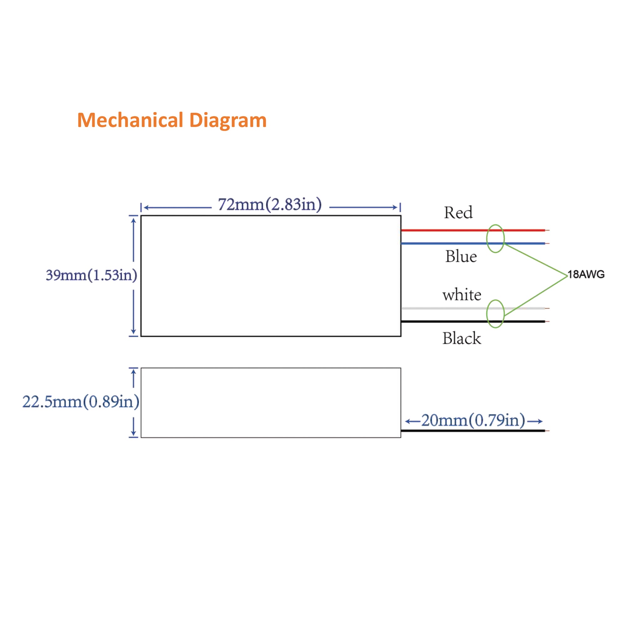 Mechanical dimensions diagram of compact 60W 24V LED transformer showing size measurements and wire specifications