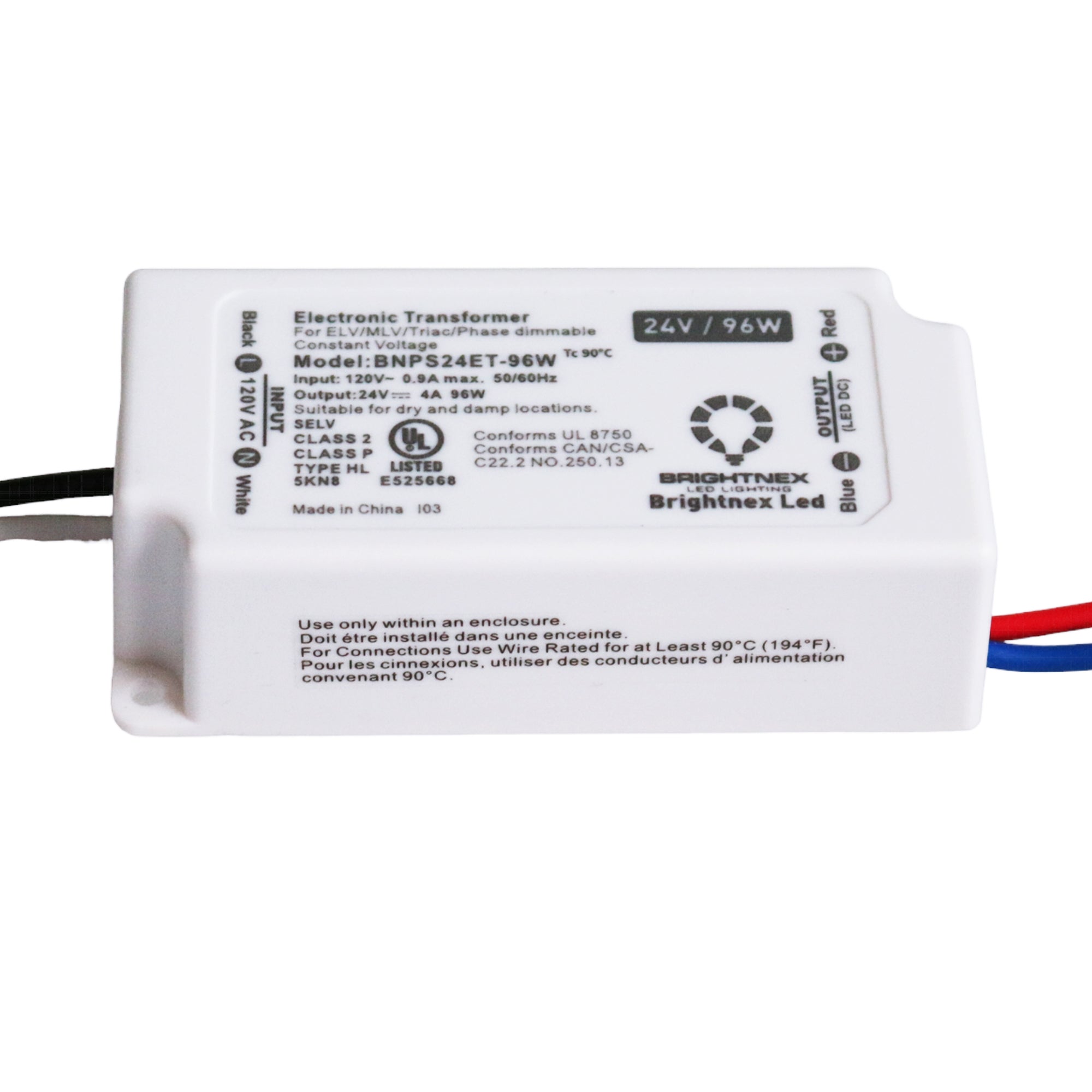 Compact 96W 24V dimmable LED transformer angled view showing constant voltage LED transformer with output wires