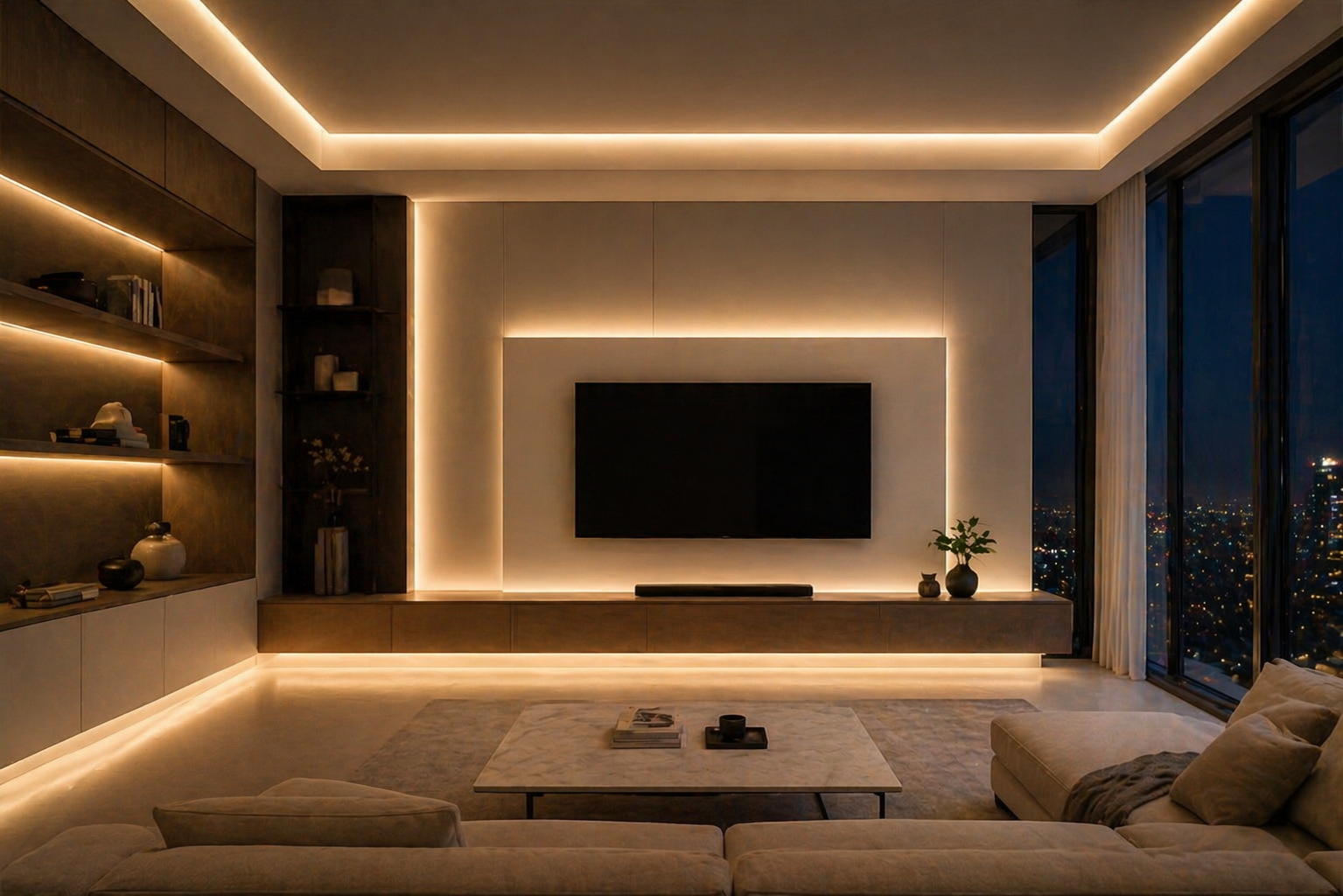 Modern living room with 24V FCOB LED strip cove lighting installed along ceiling and behind TV wall creating warm ambient glow with city night view