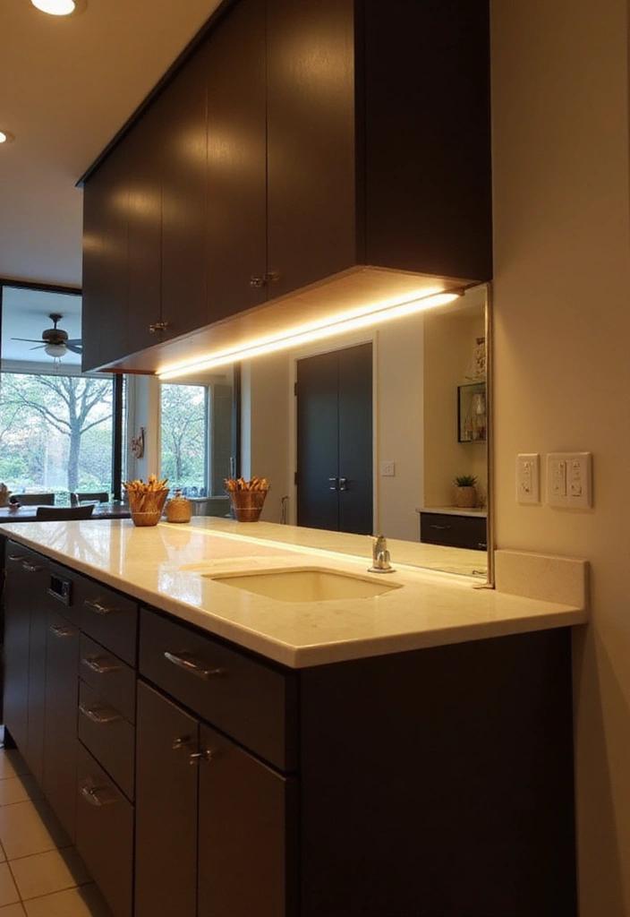 Modern kitchen with ultra slim FCOB LED strip lighting installed under cabinets providing warm white task lighting over countertop and sink area