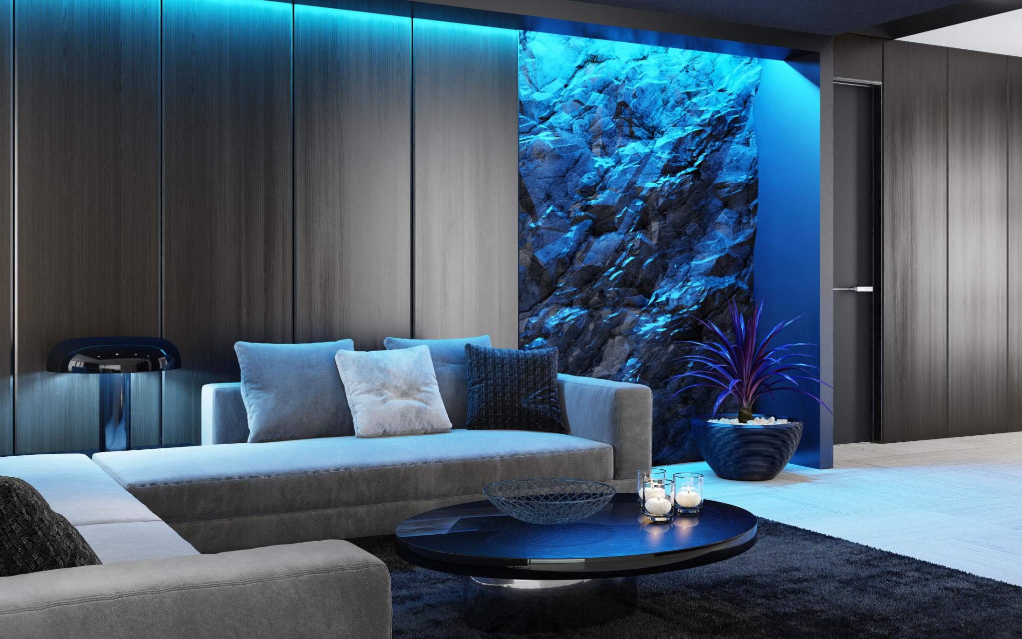 Modern living room with ice blue FCOB LED strip lighting highlighting wall feature and ceiling edges creating cool ambient atmosphere