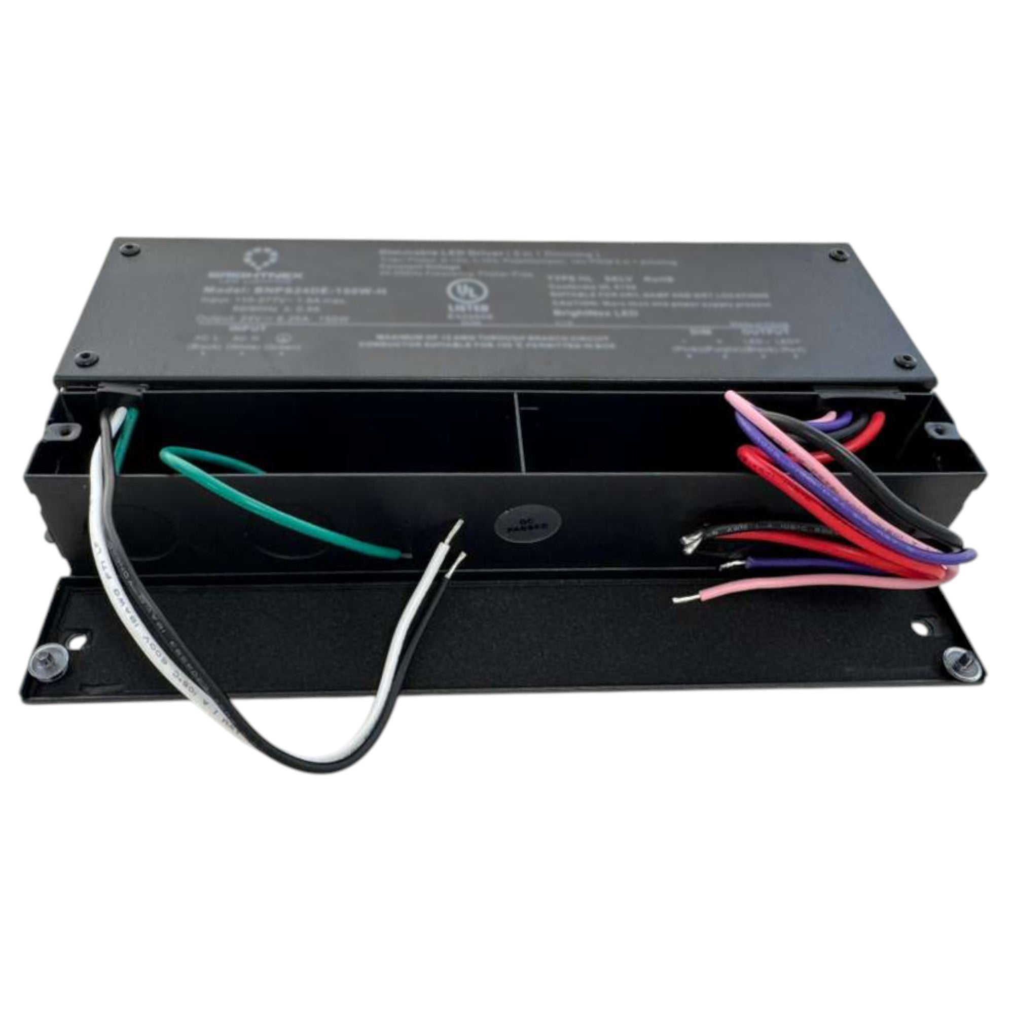 30W LED driver with open junction box showing AC input wires, dimming wires and 12V/24V LED output leads