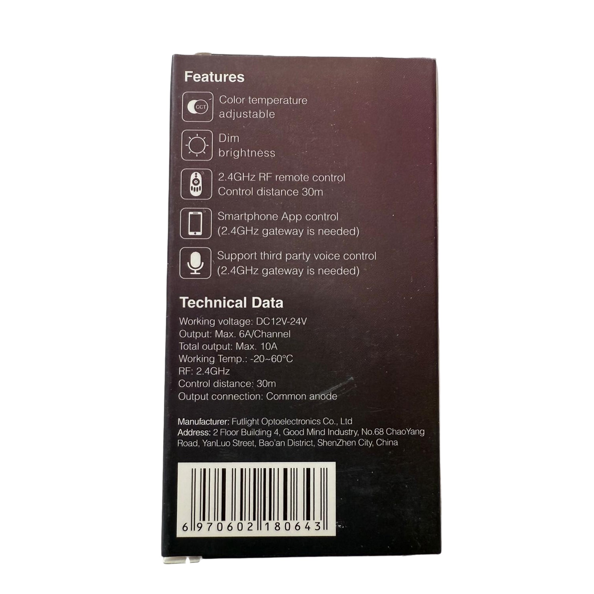 Mi Light FUT007 CCT LED remote control box showing technical specifications and features
