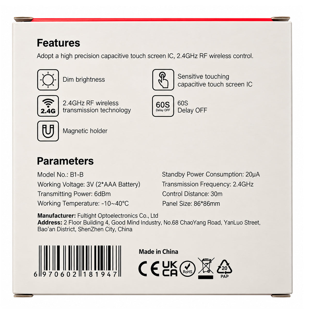 MiBoxer B1-B 4-Zone Panel Remote features and specifications with 2.4GHz RF wireless dimming control