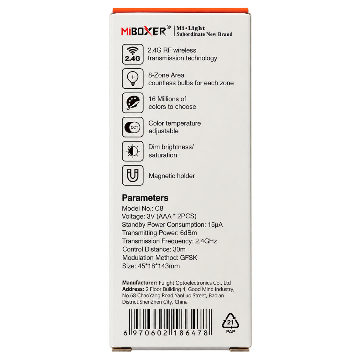 MiBoxer C8 8-Zone RGB+CCT Remote Control features and specifications with 2.4GHz RF wireless control