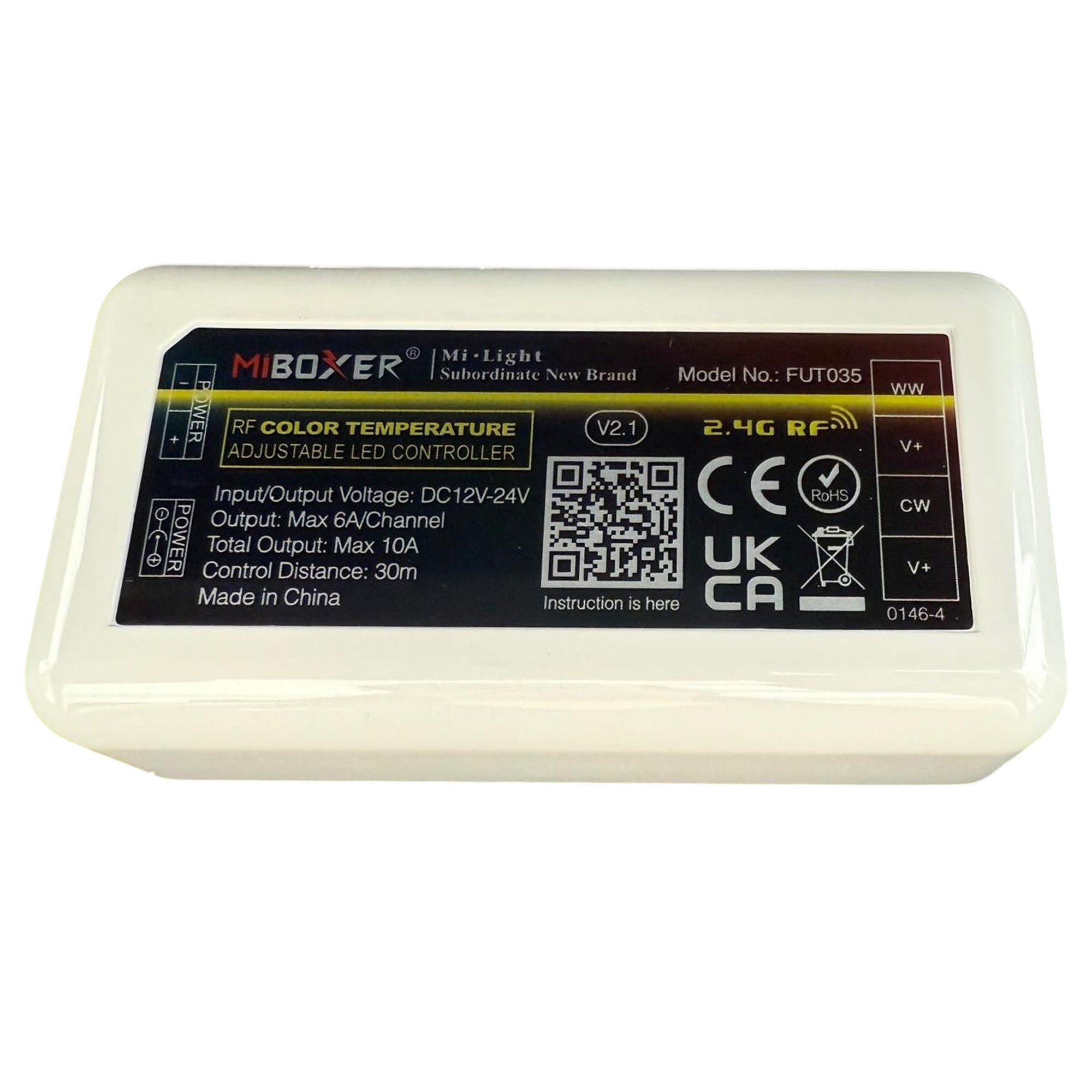 Miboxer FUT035 color temperature LED controller label with technical specifications