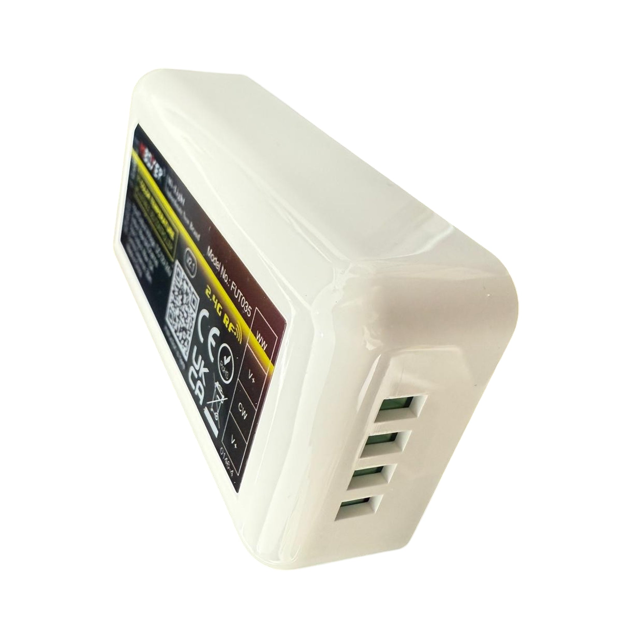 Miboxer FUT035 CCT LED strip controller angled view with DC12-24V input for indoor lighting