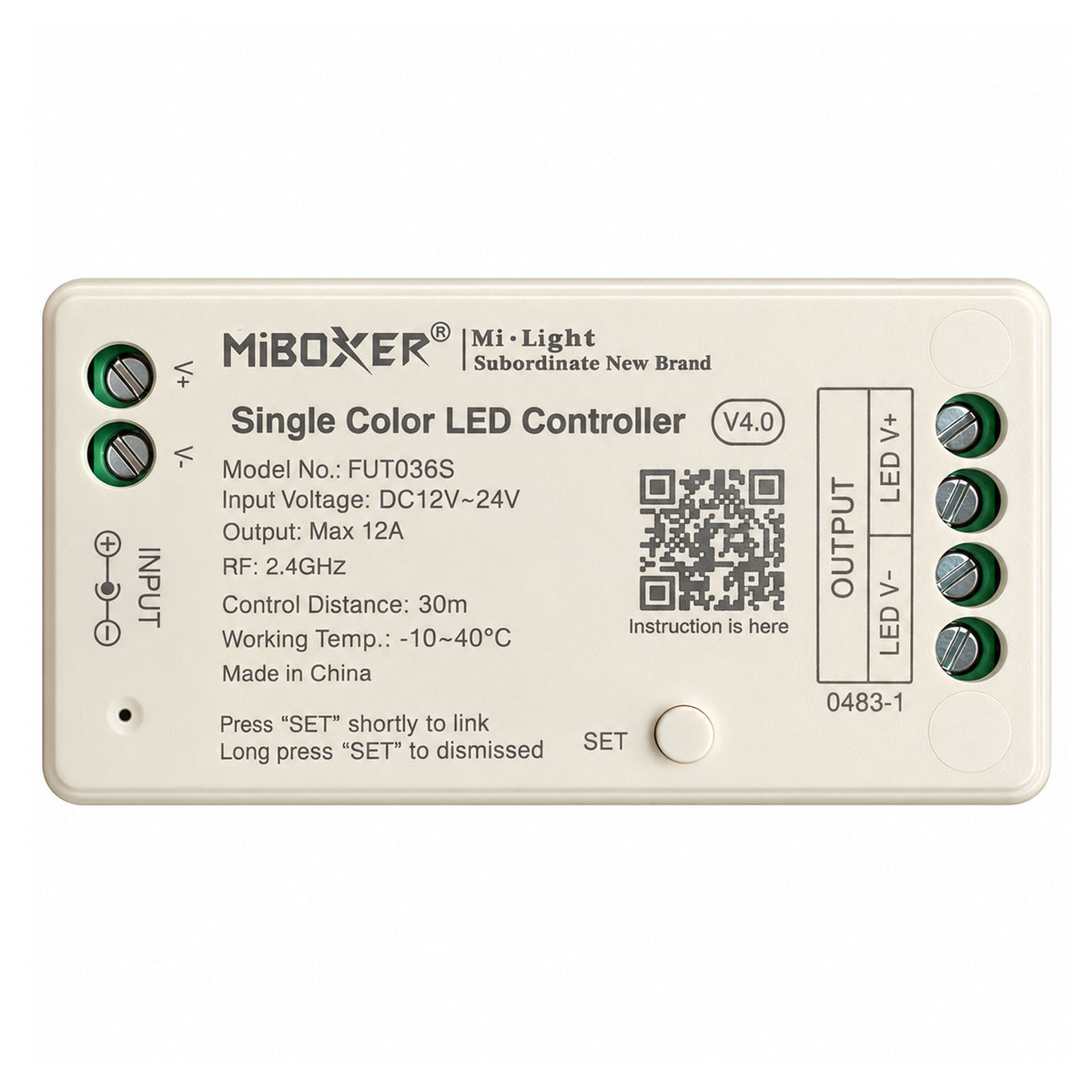 MiBoxer FUT036S Single Color LED Controller 12V-24V, 12A, 2.4GHz RF