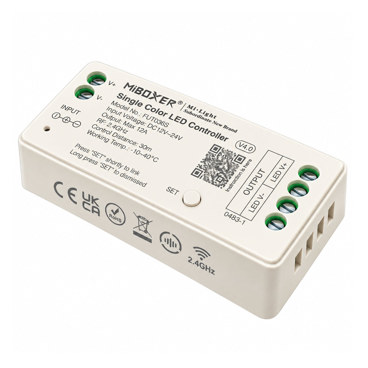 MiBoxer FUT036S Single Color LED Controller 12V-24V 12A 2.4GHz angle view