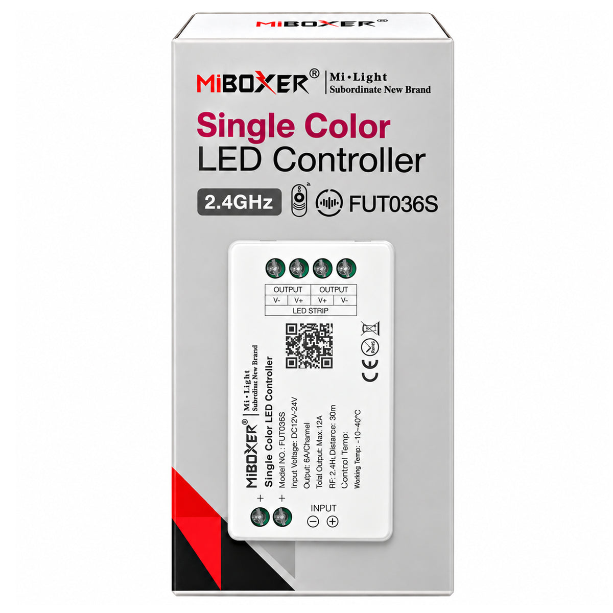 MiBoxer FUT036S Single Color LED Controller 12V-24V 2.4GHz with retail packaging