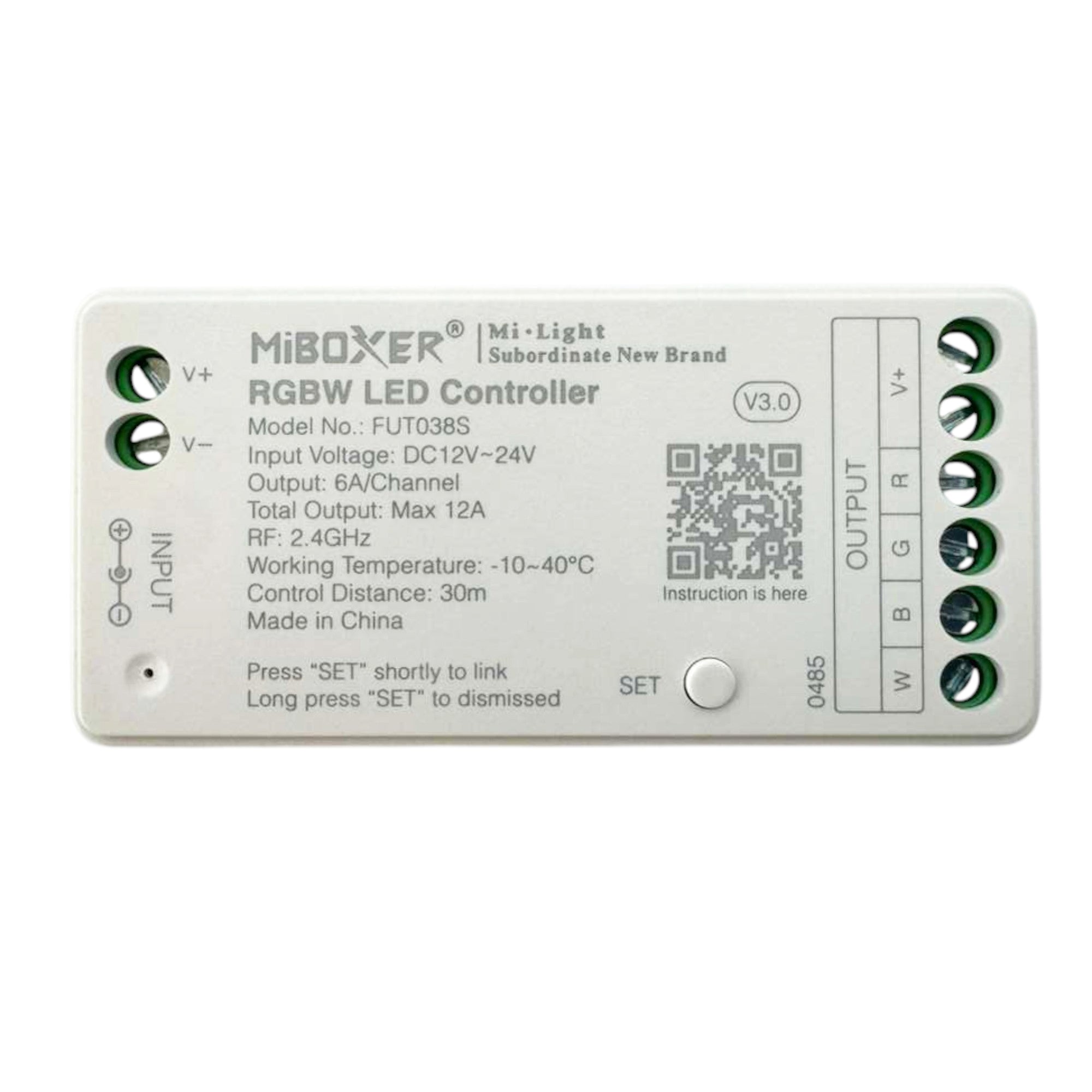 Miboxer FUT038S RGBW LED controller back view with wiring terminals and specifications