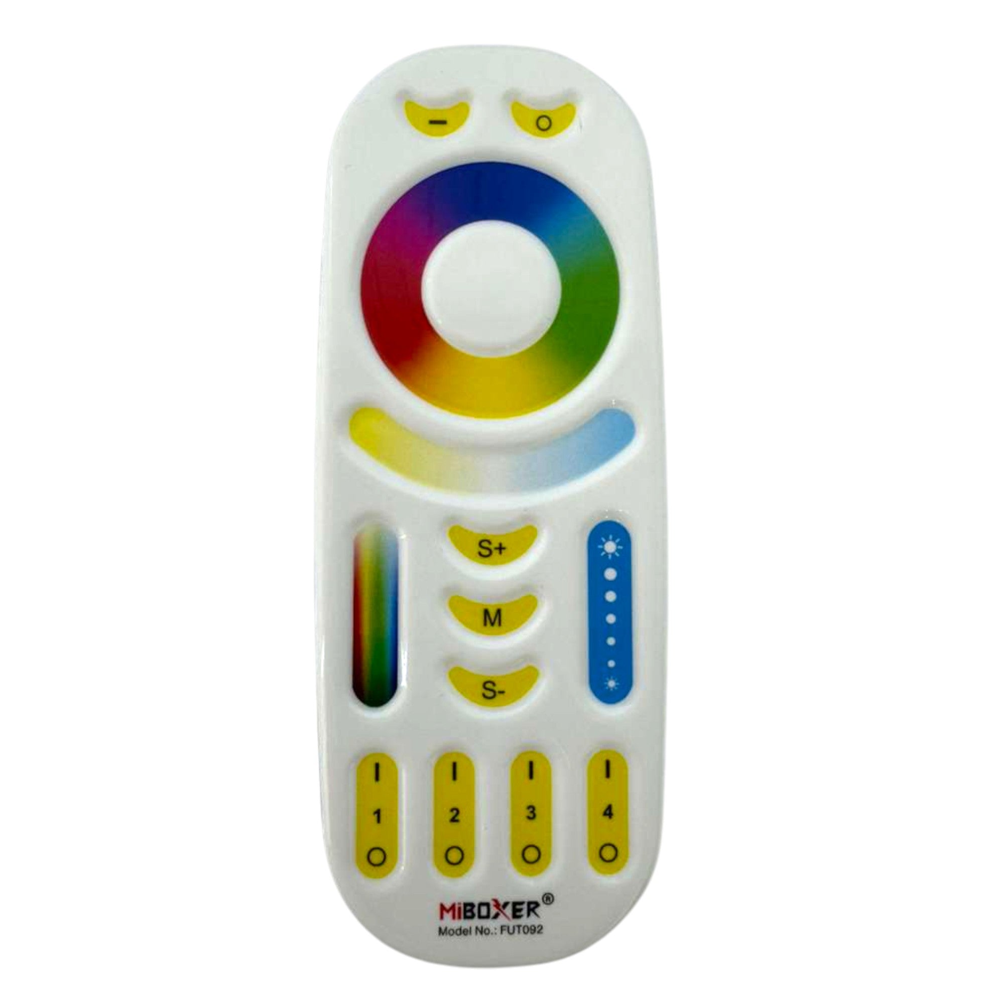 Miboxer FUT092 RGB+CCT LED remote controller front view with touch color wheel and control buttons