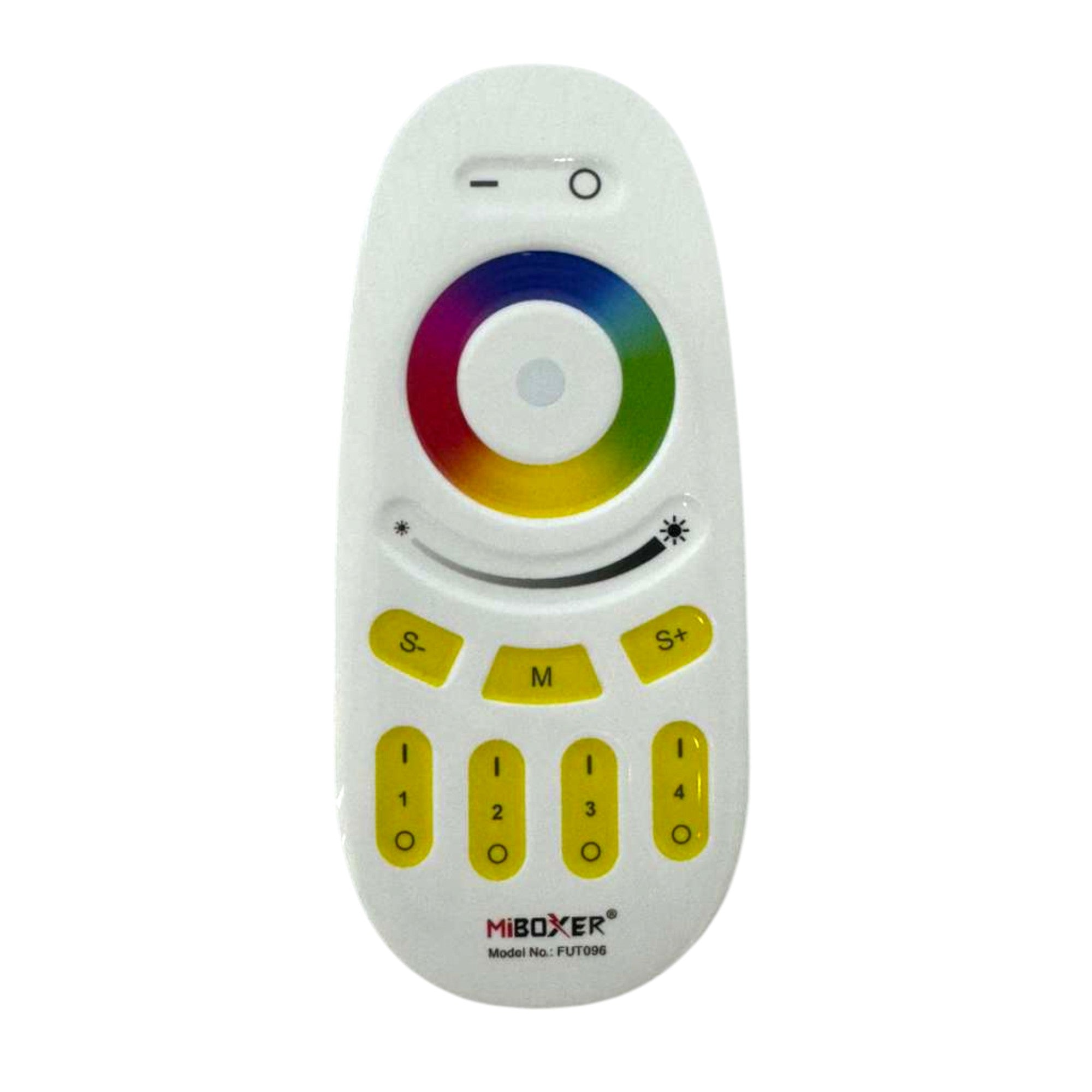 Miboxer FUT096 RGBW handheld remote with touch color wheel and 4 zone LED control for indoor lighting