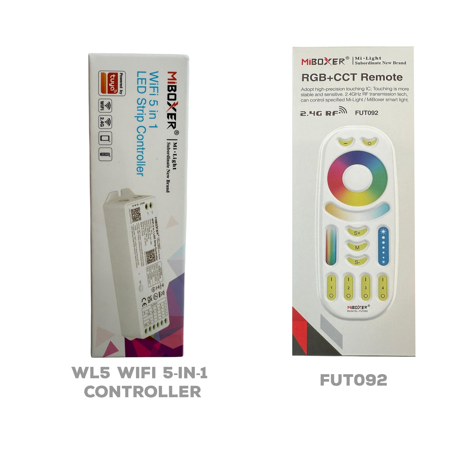 Miboxer WL5 WiFi LED controller and FUT092 remote control retail packaging