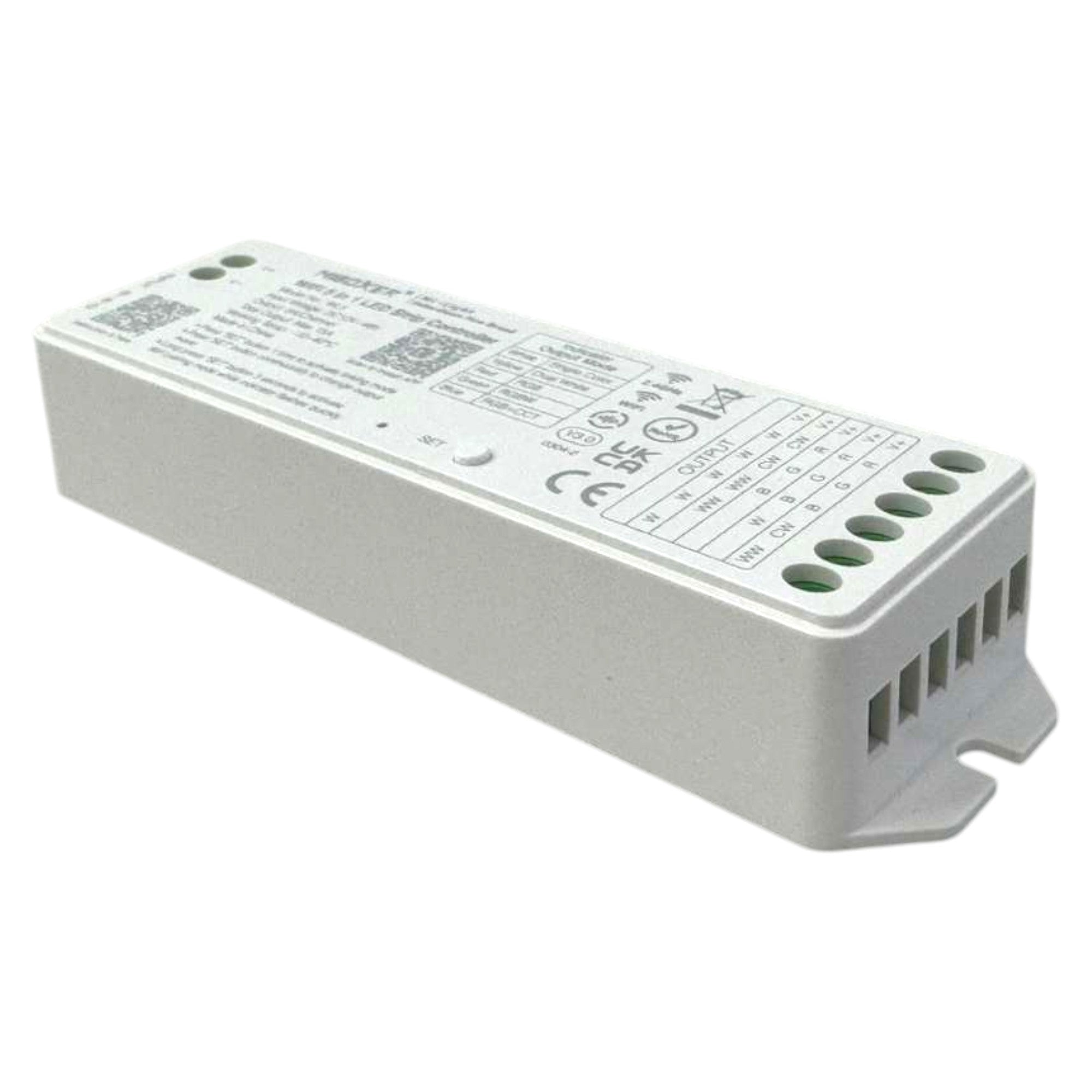 Miboxer WL5 5in1 LED controller side angle showing mounting bracket and terminals
