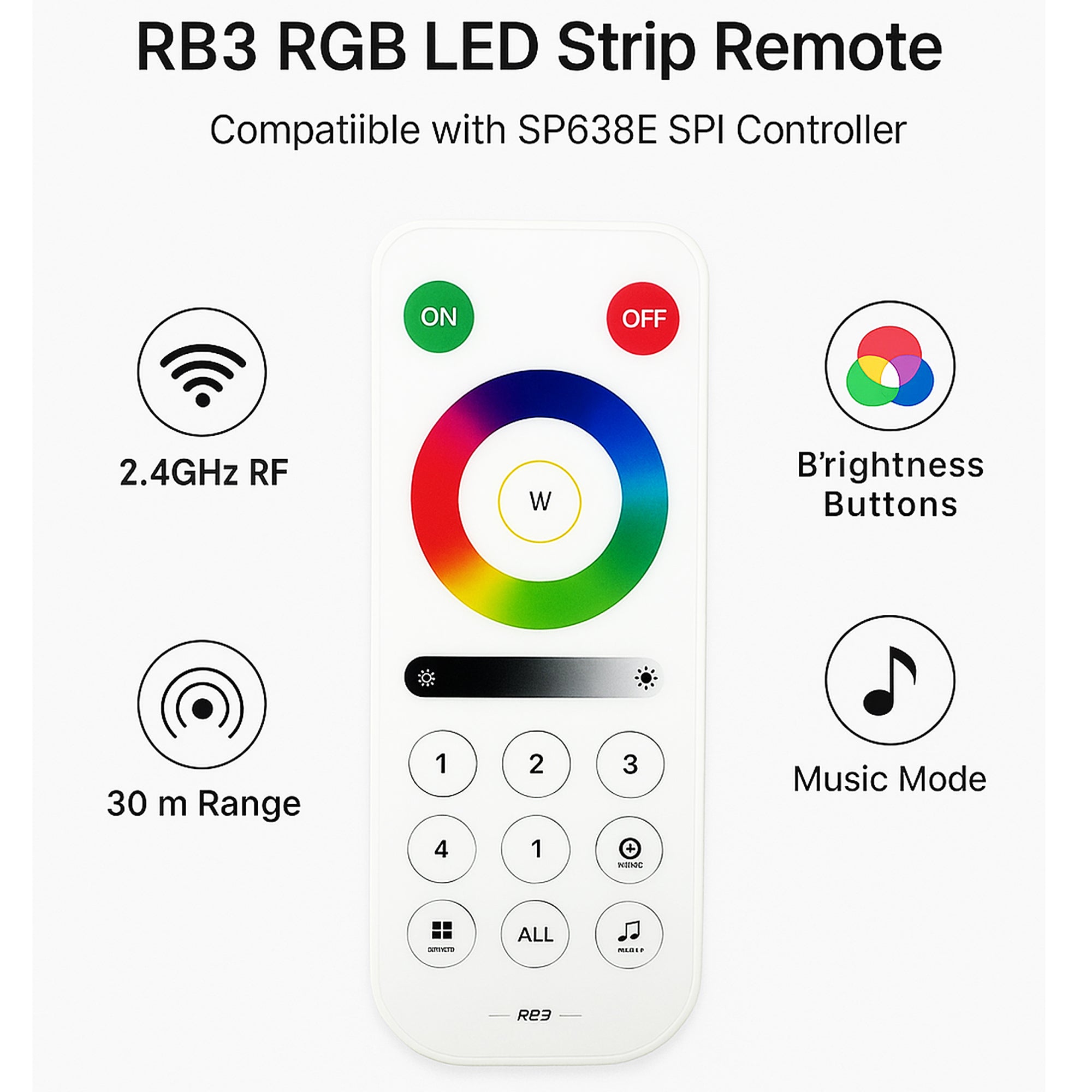 RB3 RGB LED remote with 2.4GHz RF control 30 meter range brightness and music mode functions