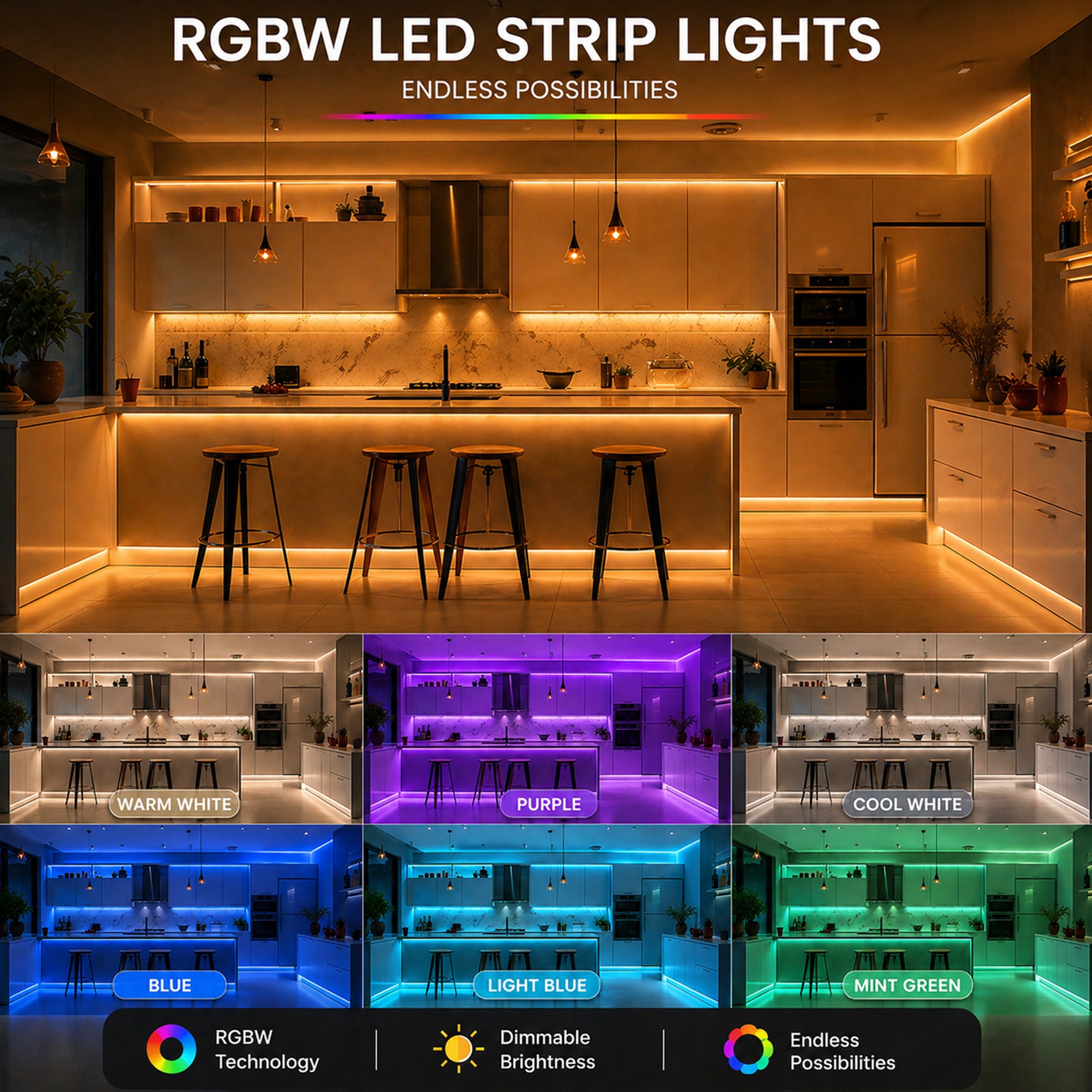 Modern kitchen illuminated with RGBW COB LED strip lighting showing warm white, cool white, blue, purple, and green ambient color options with dimmable brightness