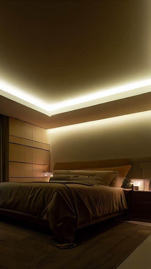 Modern bedroom with SCOB LED strip installed in ceiling cove providing soft dotless warm ambient lighting around the room