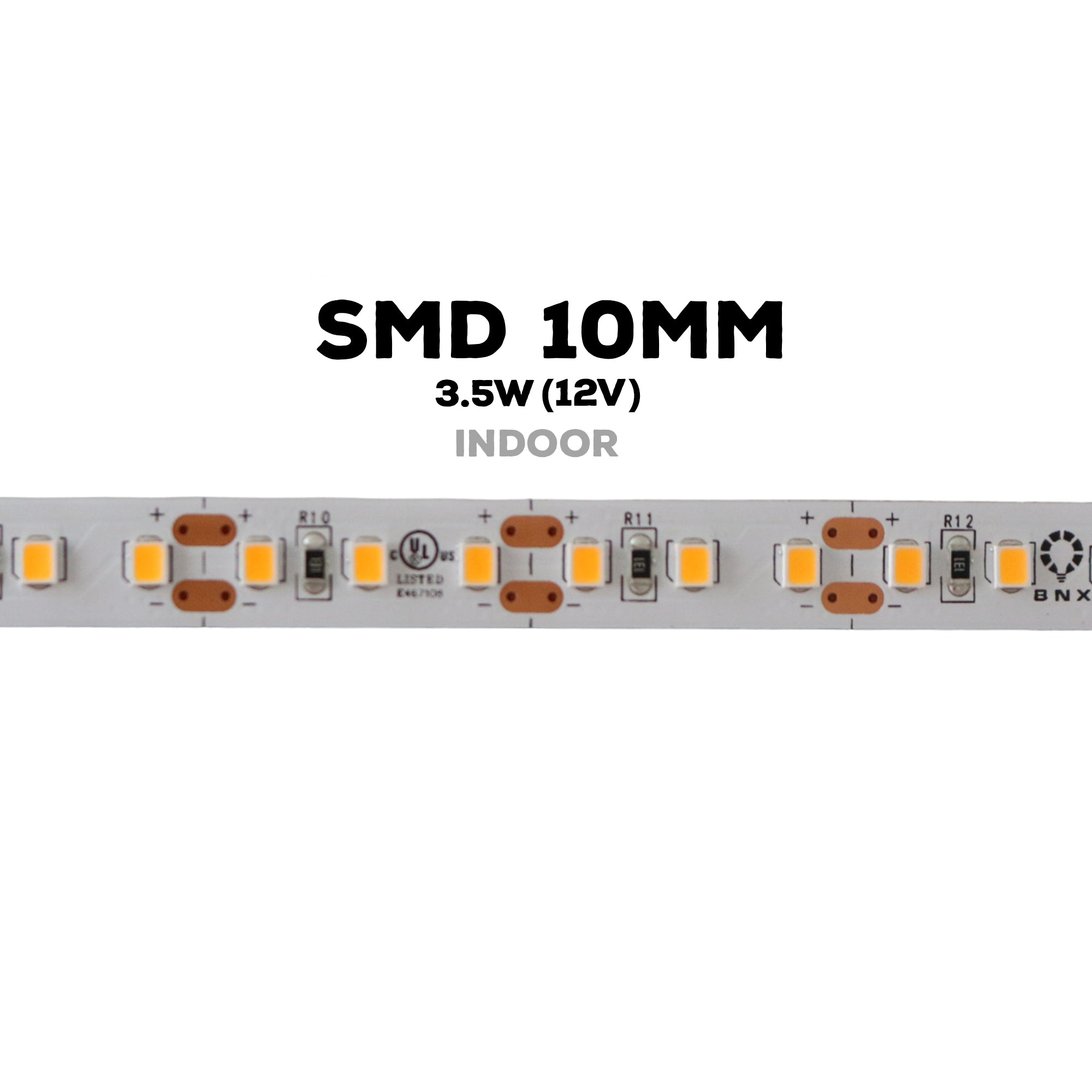 Close up of 12V 10mm SMD LED strip light showing LED spacing and cuttable sections