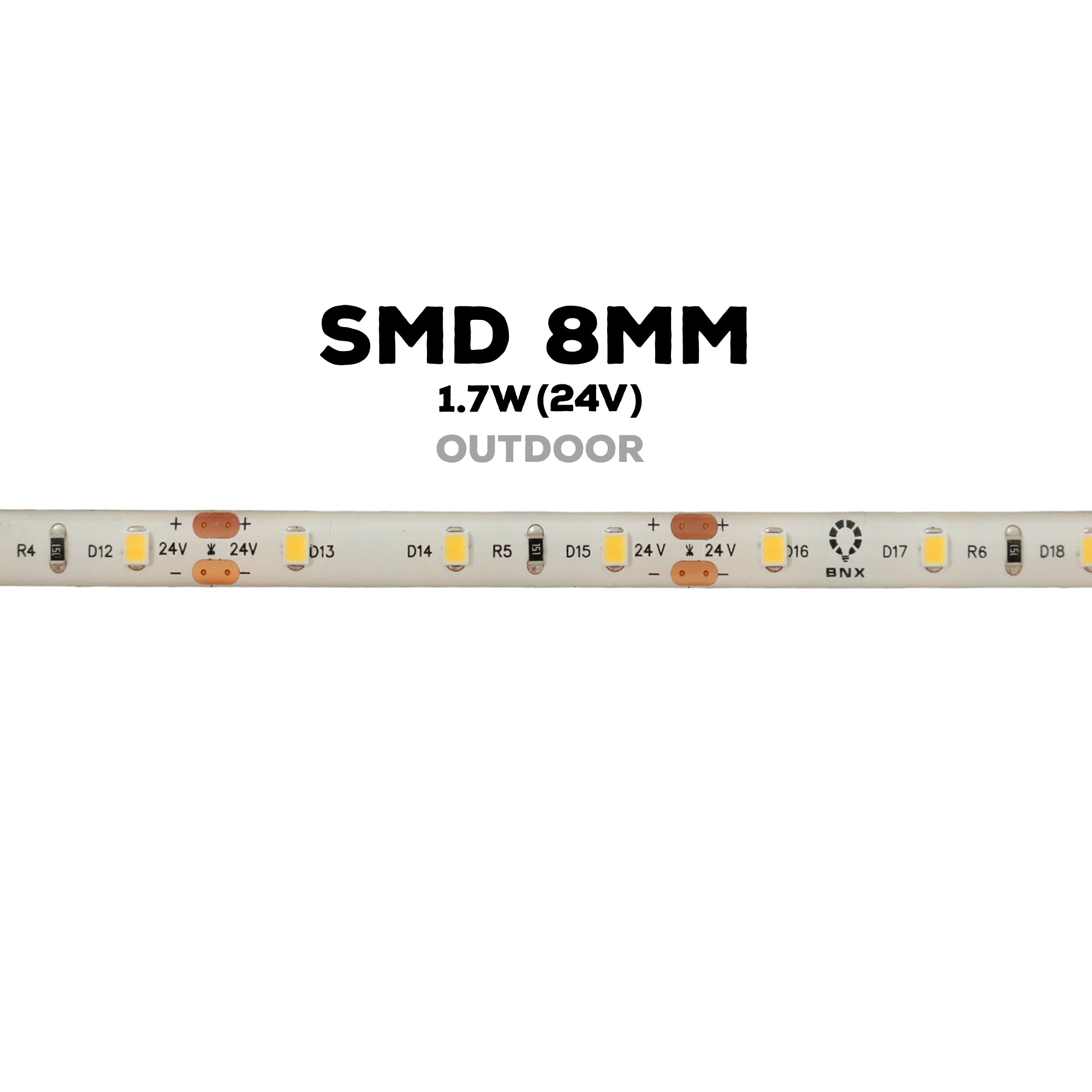 Close up of 24V, 8mm outdoor SMD LED strip light showing LED spacing and cuttable sections