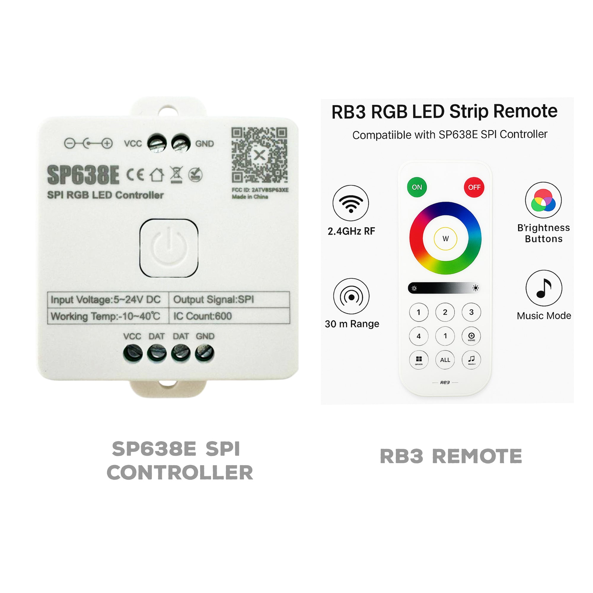 SP638E SPI LED controller with RB3 RGB remote control smart addressable LED strip kit