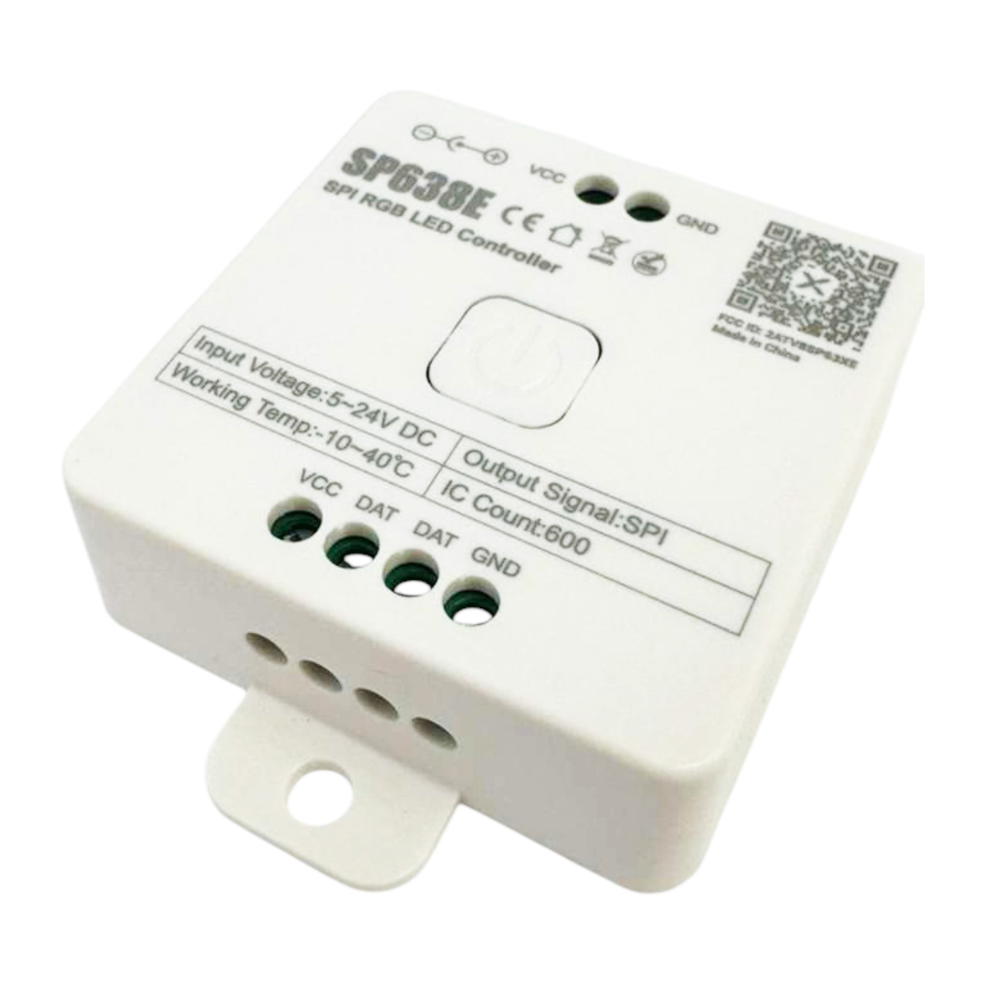 SP638E SPI RGB LED controller front view showing wiring terminals and power button