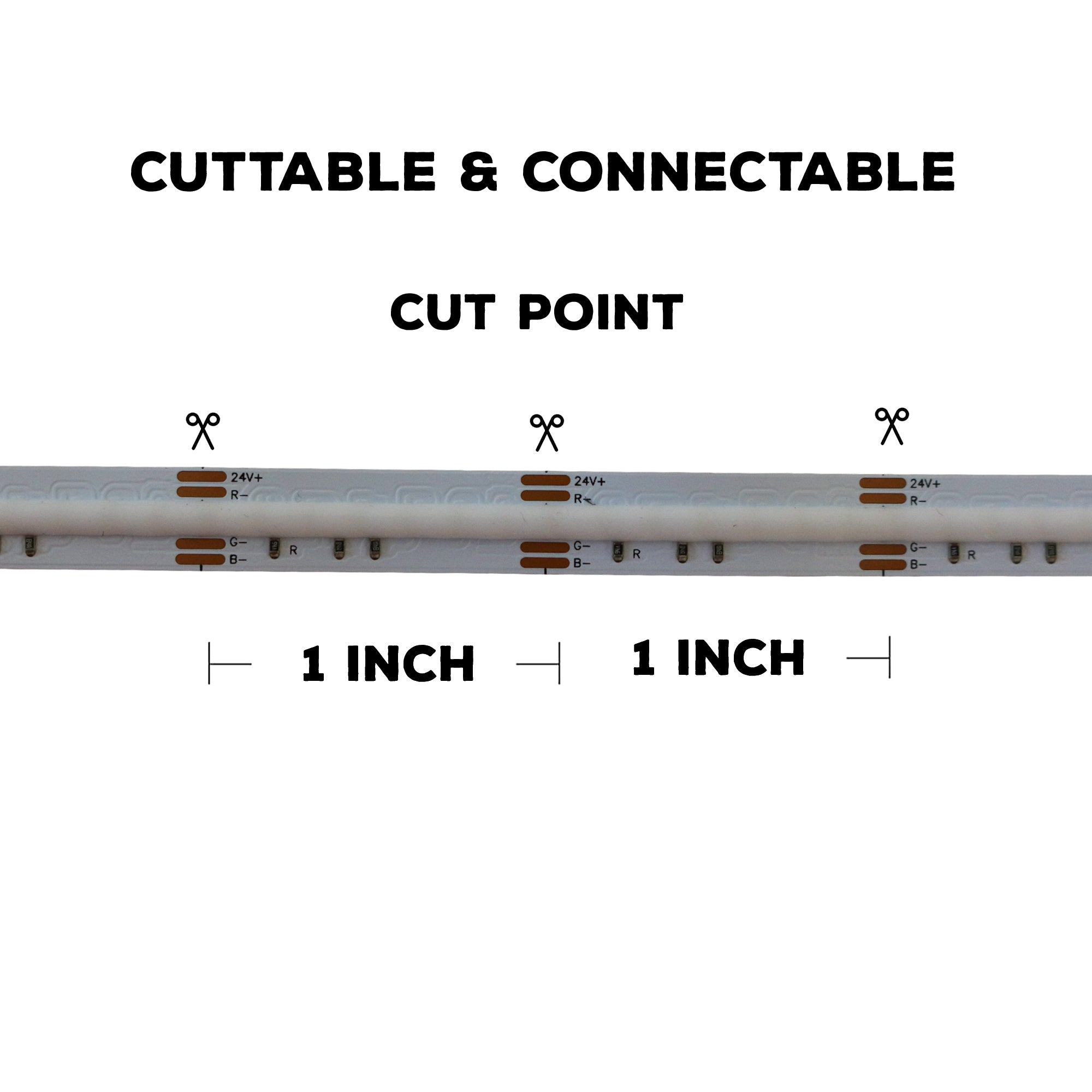 UL certified indoor 24V RGB COB LED strip light cuttable design showing cut points and connection pads