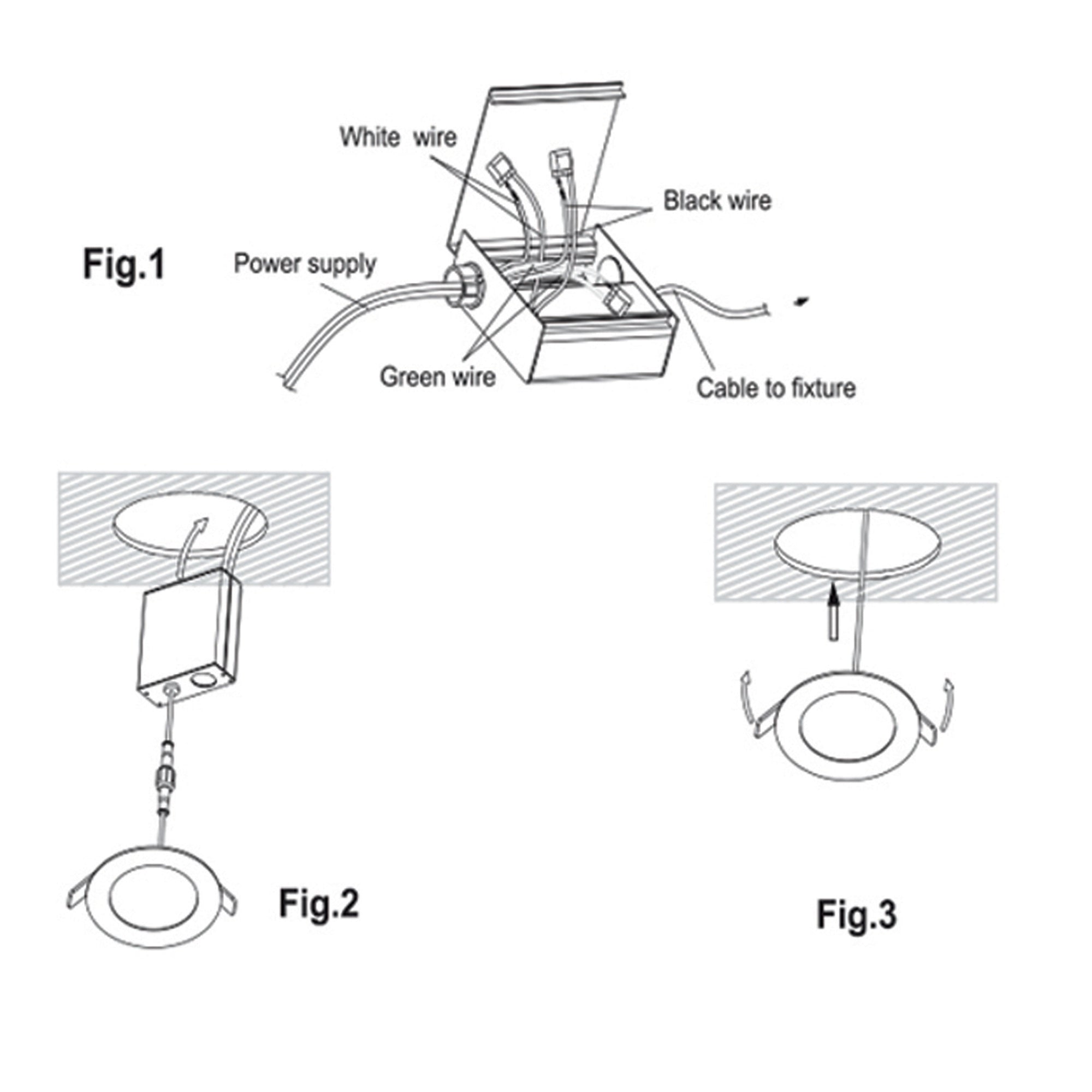 4 inch 5CCT LED recessed light wiring diagram showing junction box black white green wires and ceiling installation process