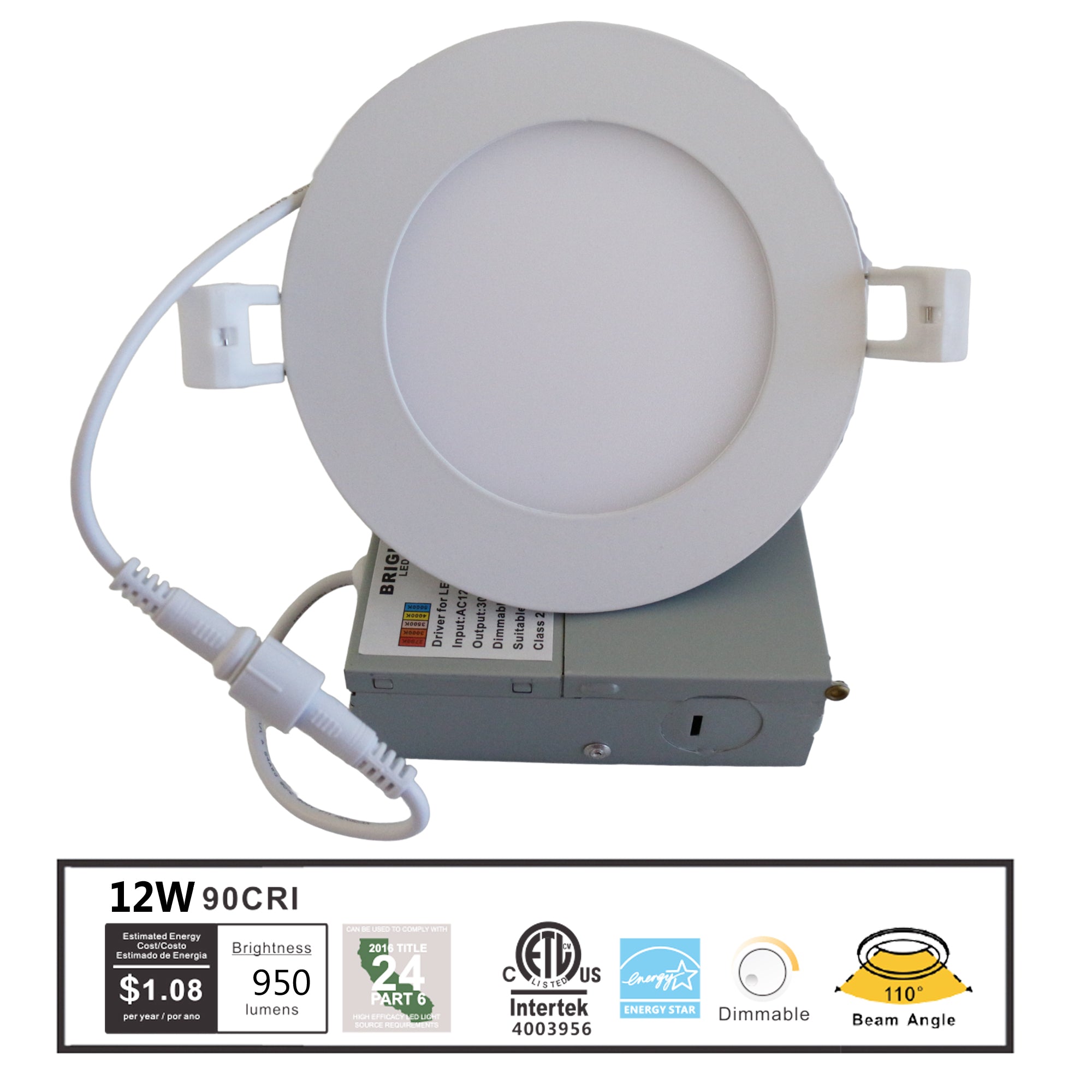 6 inch UL listed LED recessed downlight 12W 950 lumens CRI90 indoor dimmable ceiling light with 110 degree beam angle and junction box