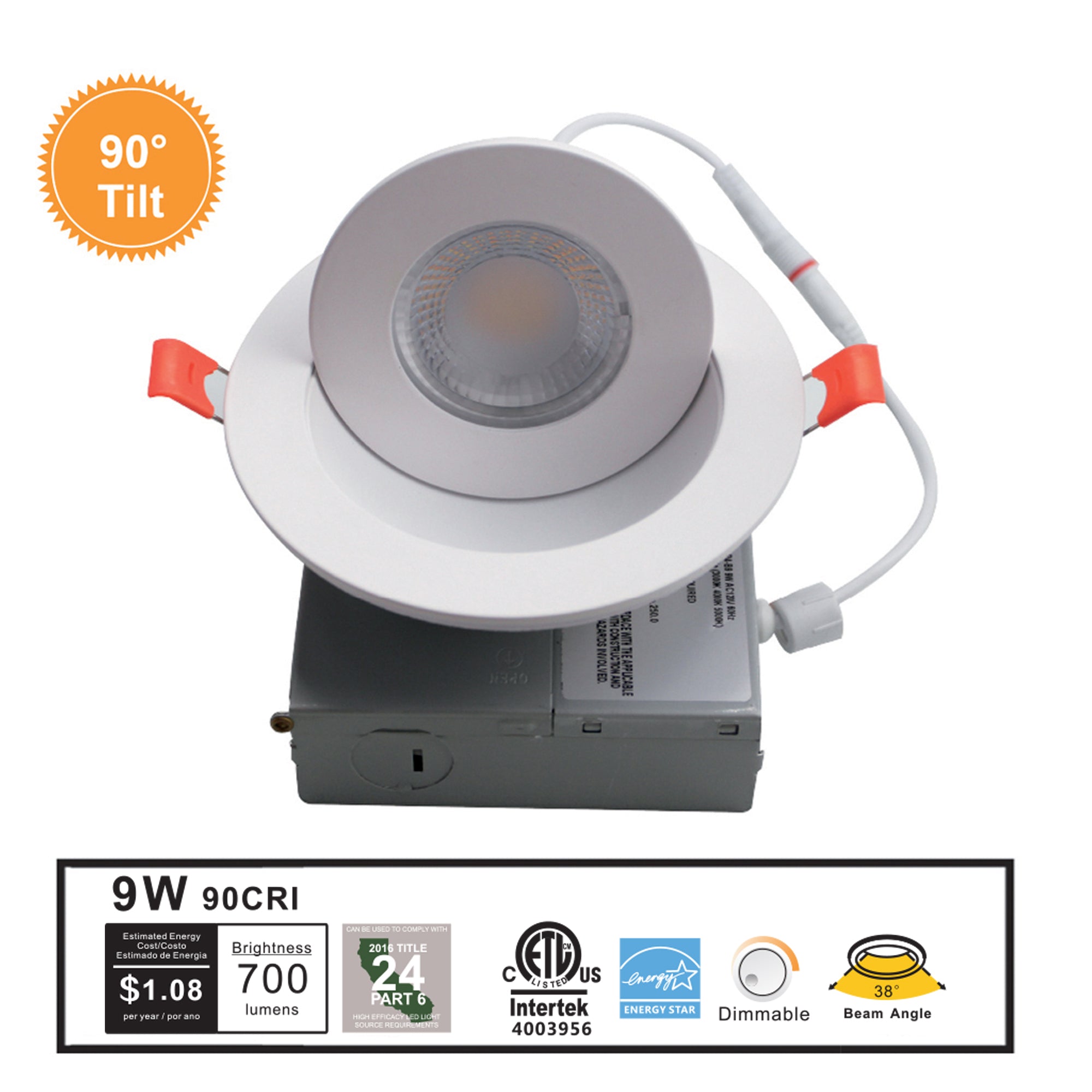 9W LED gimbal recessed downlight 700 lumens CRI90 dimmable 38 degree beam angle adjustable indoor ceiling light