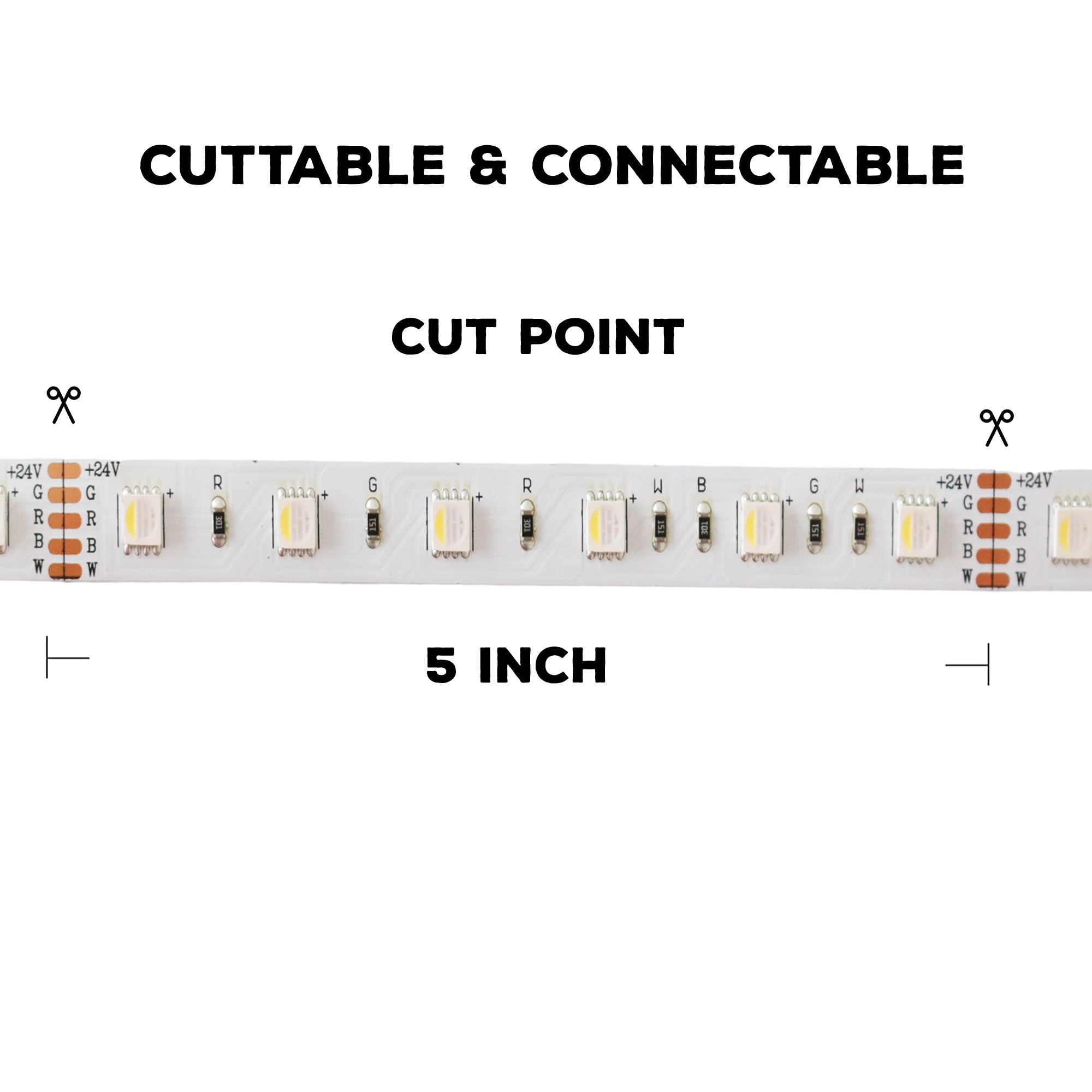 Dimmable RGBW(3k,4K,5K)LED Strip Lights 24V, 4.5W , IP20 (Indoor)/IP65 (Outdoor),16.5ft or 82ft