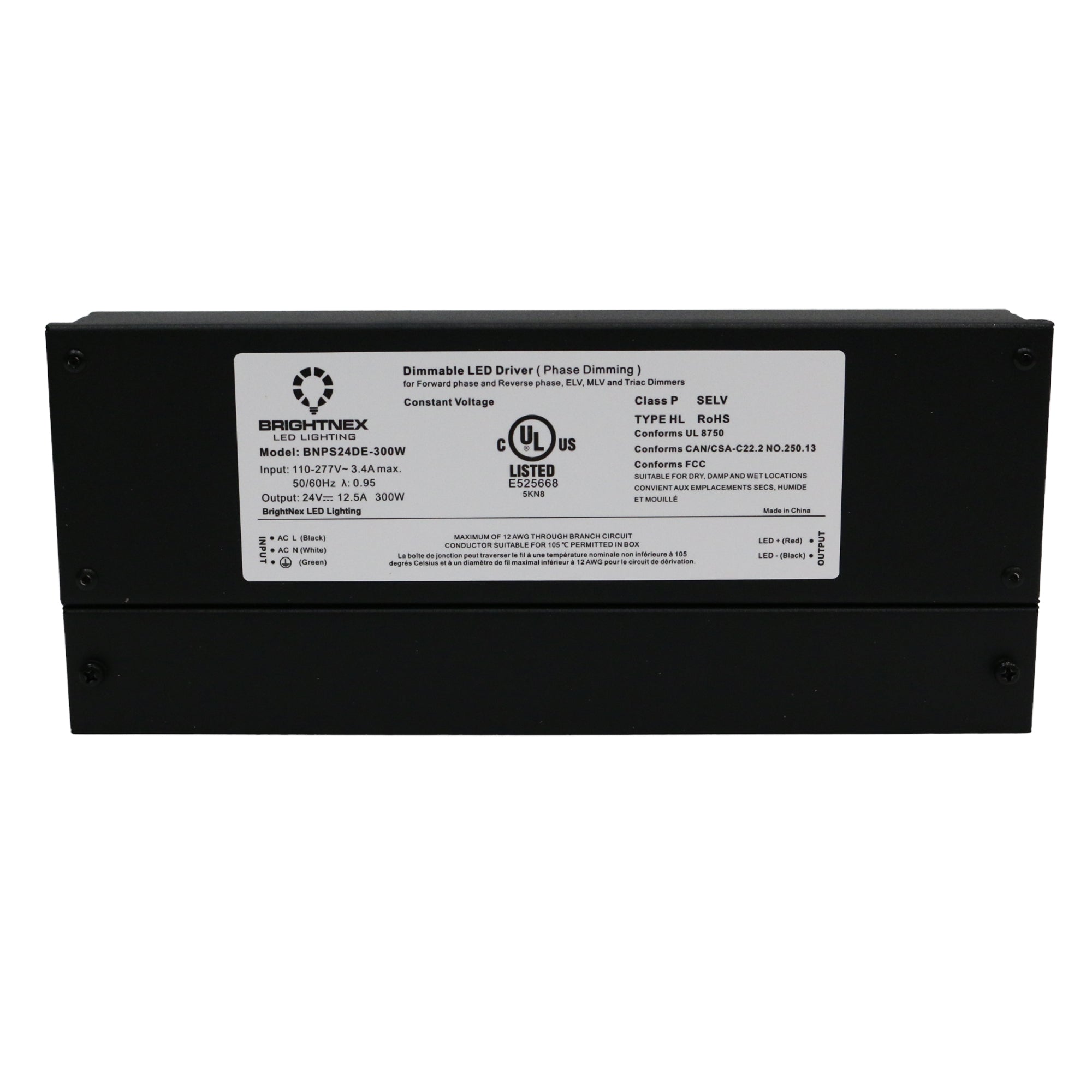LA LED dimmable transformer (LED Driver) is UL-certified and compatible with Triac/ ELV/ MLV dimming. Suitable for dry and damp locations. AC input 100-277VAC and 83% efficiency with short circuit protection.