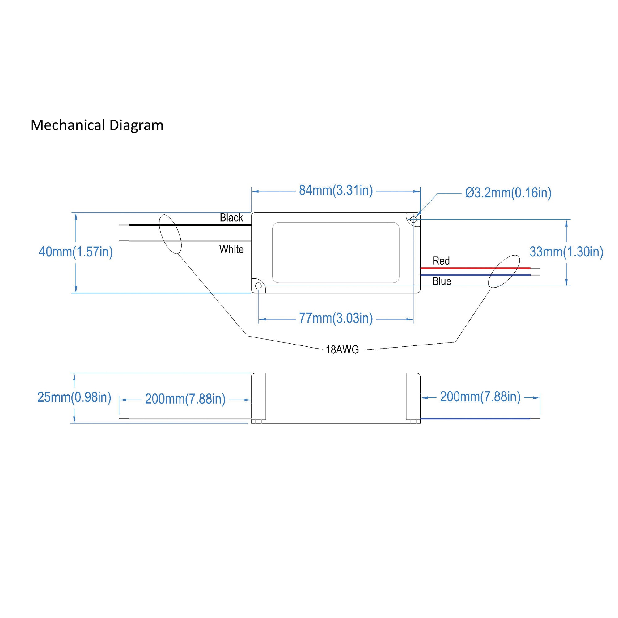 Mechanical dimensions diagram of compact 96W 24V LED driver showing size measurements and wire specifications