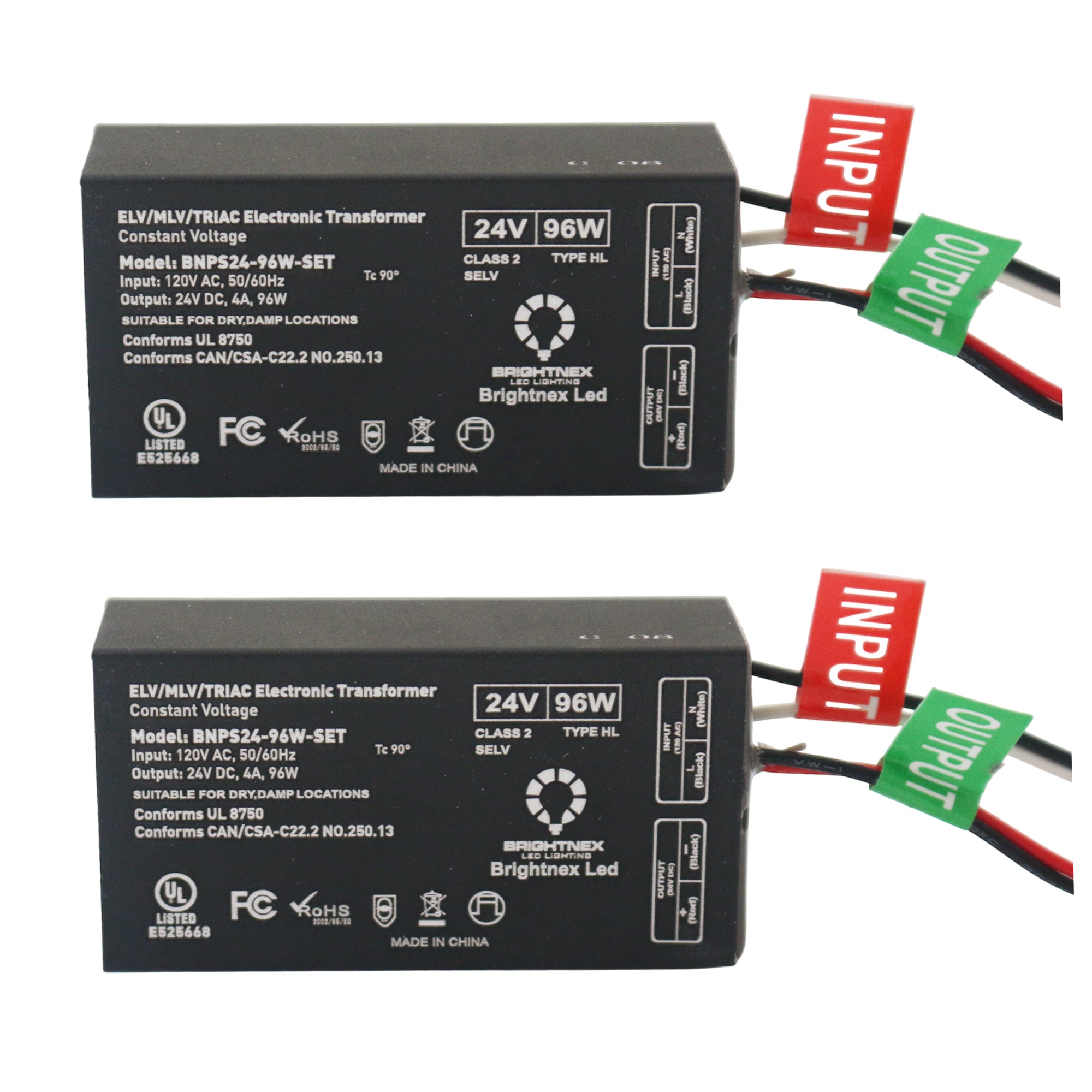 Specification label of 24V 96W dimmable LED transformer showing electrical ratings and certifications, class 2, class p