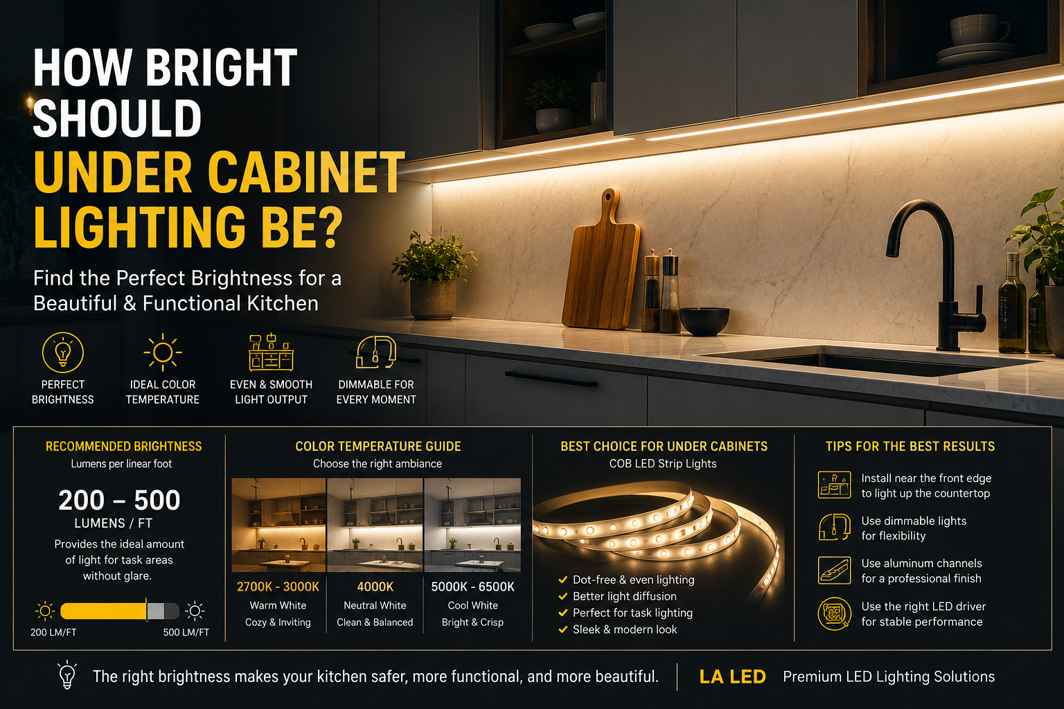 Modern kitchen with under cabinet LED strip lighting providing bright, even countertop illumination for cooking, food preparation, and everyday task lighting.