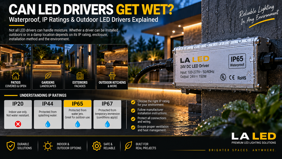 Outdoor-rated LED driver powering COB LED strip lighting with rain and water droplets, illustrating waterproof LED drivers, IP65 ratings, moisture protection, and safe outdoor installation.