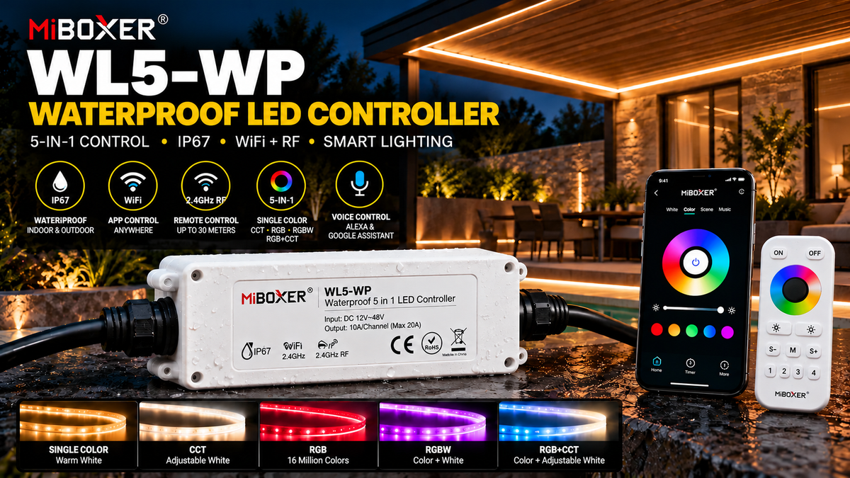 MiBoxer WL5-WP Waterproof WiFi LED Controller: Smart 5-in-1 Lighting Control
