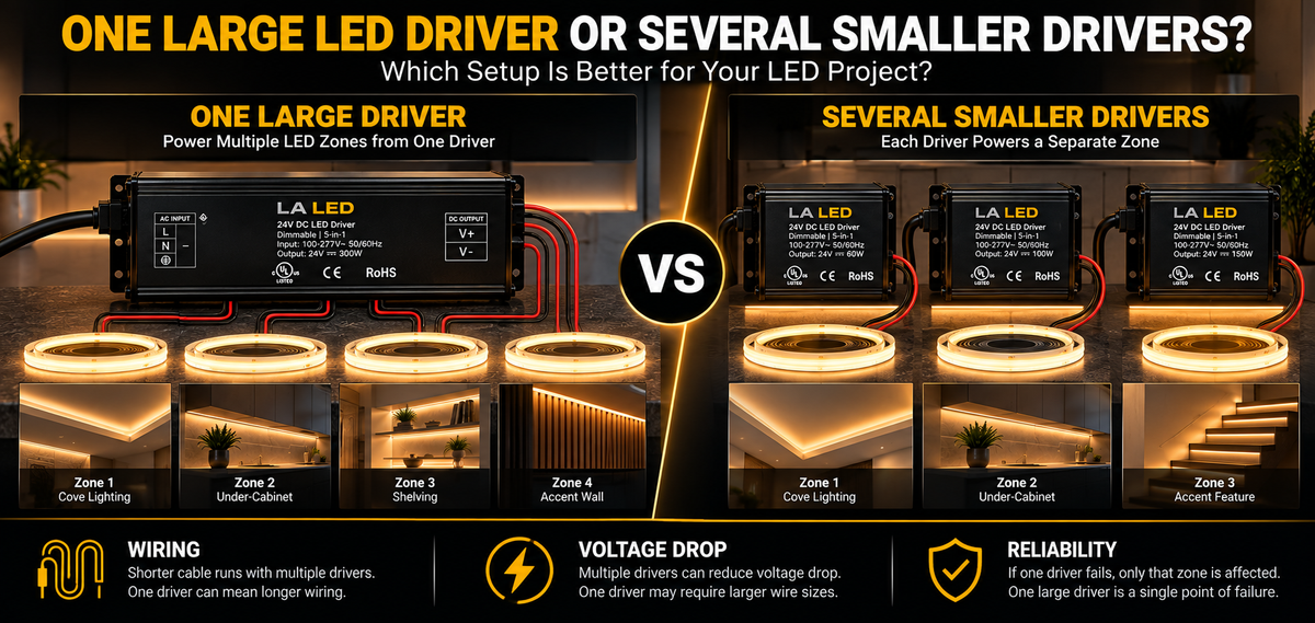 Comparison of one large LED driver versus several smaller LED drivers powering multiple COB LED strip zones, illustrating wiring, voltage drop, control, and reliability differences.