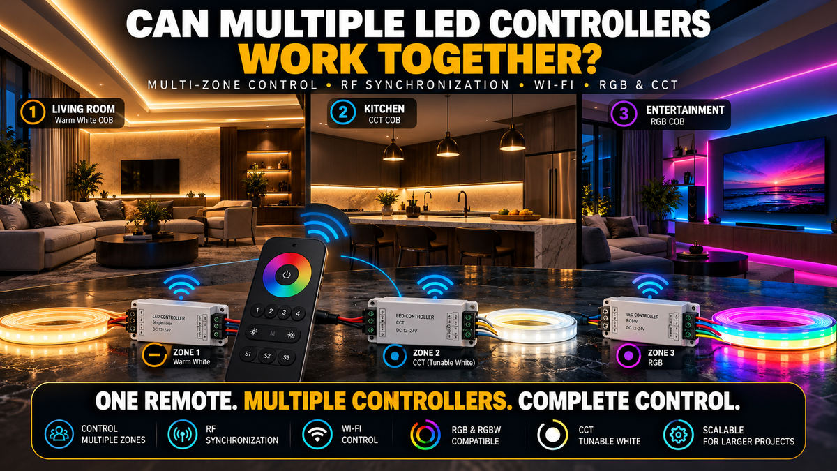 Multiple LED controllers working together through a multi-zone remote to synchronize COB LED strip lighting in a modern home, including RGB, CCT, and warm white lighting zones.
