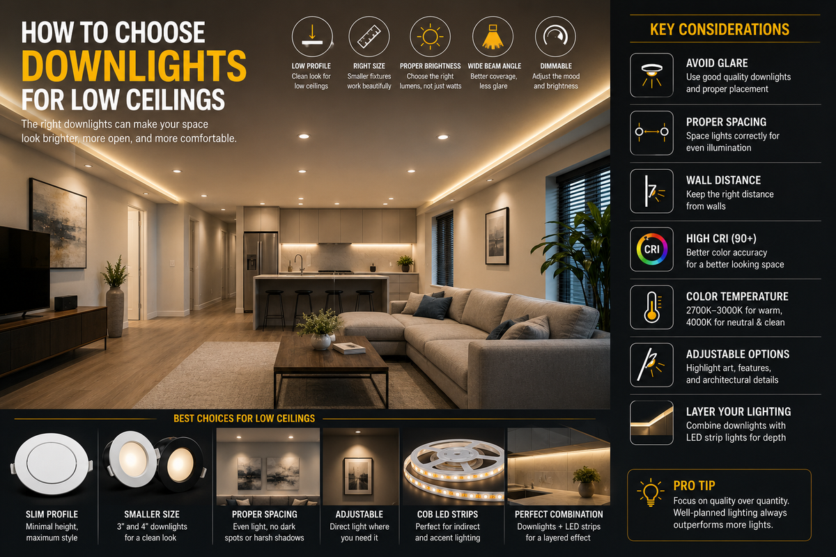 Modern low-ceiling room with slim LED downlights and indirect COB LED strip lighting, demonstrating proper downlight size, spacing, beam angle, brightness, and layered lighting design.