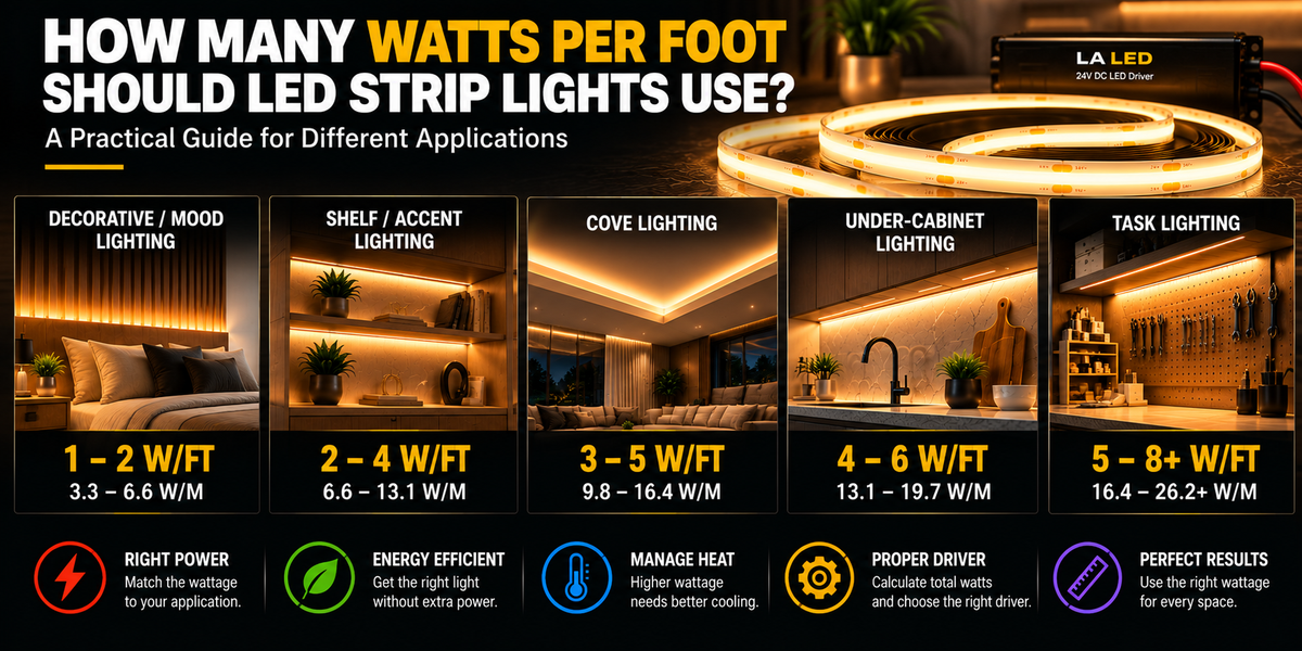 COB LED strip watts-per-foot guide comparing recommended power ranges for decorative, accent, cove, under-cabinet, and task lighting applications.