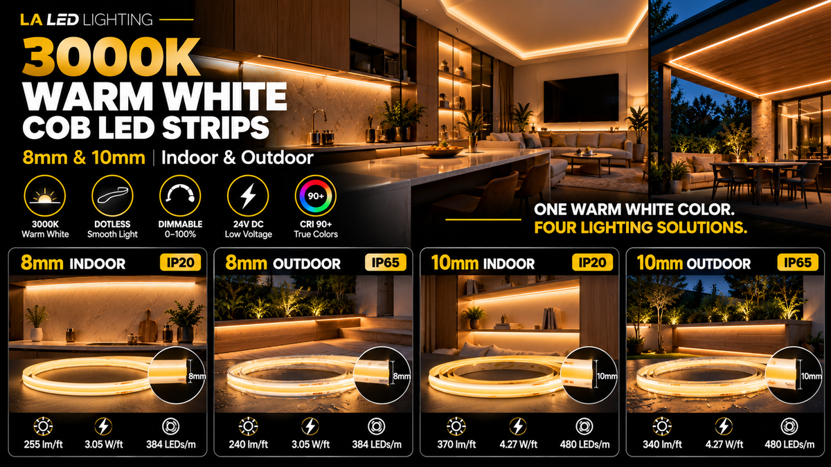 3000K warm white COB LED strip lights in 8mm and 10mm widths for indoor IP20 and outdoor IP65 architectural lighting applications.