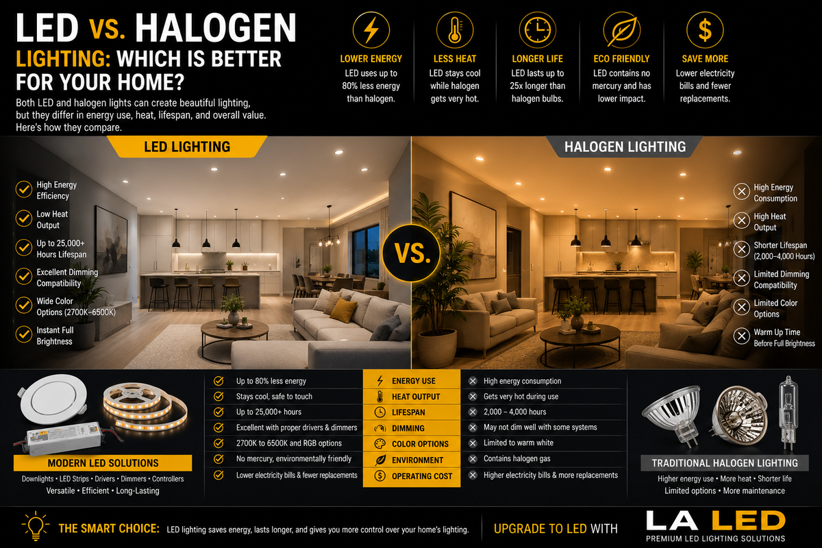 LED vs. halogen home lighting comparison showing differences in energy efficiency, heat output, lifespan, dimming, color quality, and modern residential lighting applications.
