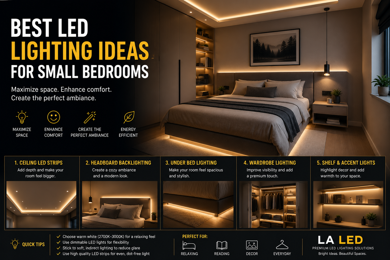 Modern small bedroom featuring warm white LED strip lighting around the ceiling, behind the headboard, under the bed, and on shelves to create a cozy and spacious atmosphere.