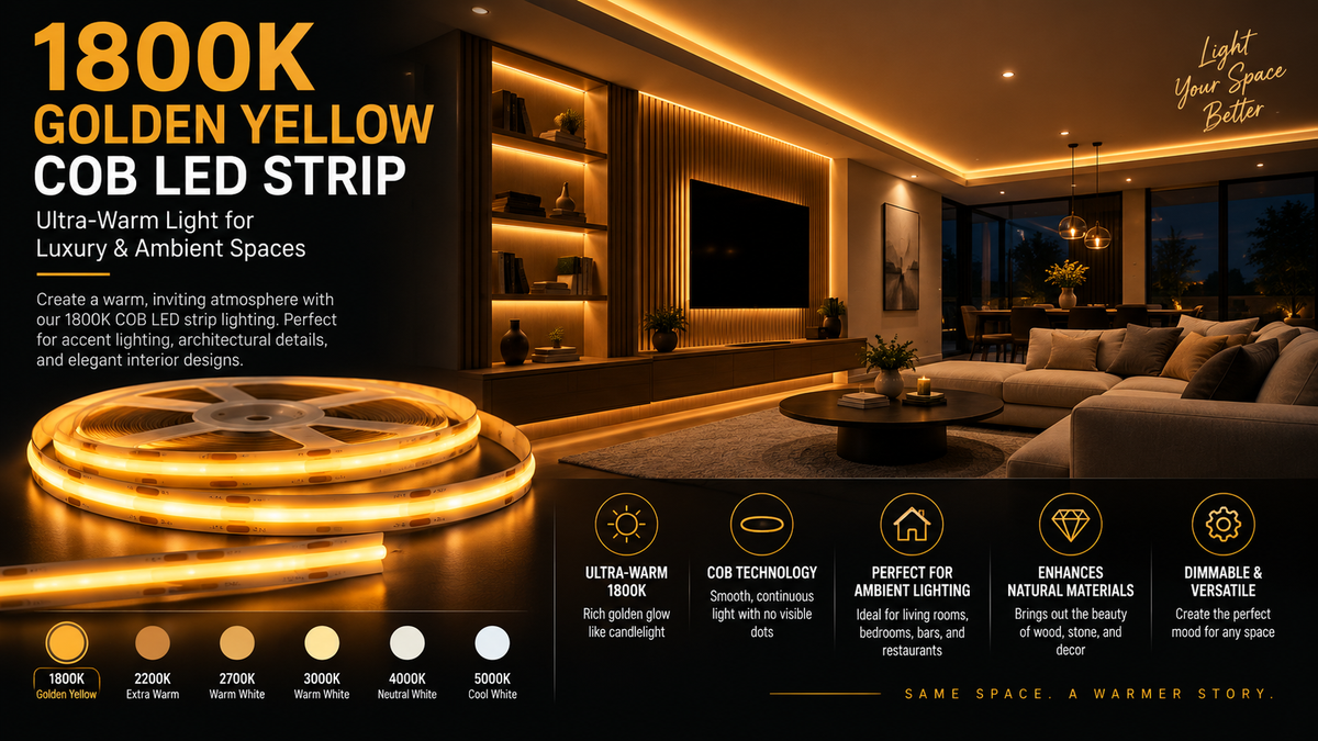 1800K Golden Yellow COB LED strip lighting creating an ultra-warm continuous golden glow in a luxury interior with ceiling coves, shelving, and architectural accent lighting.